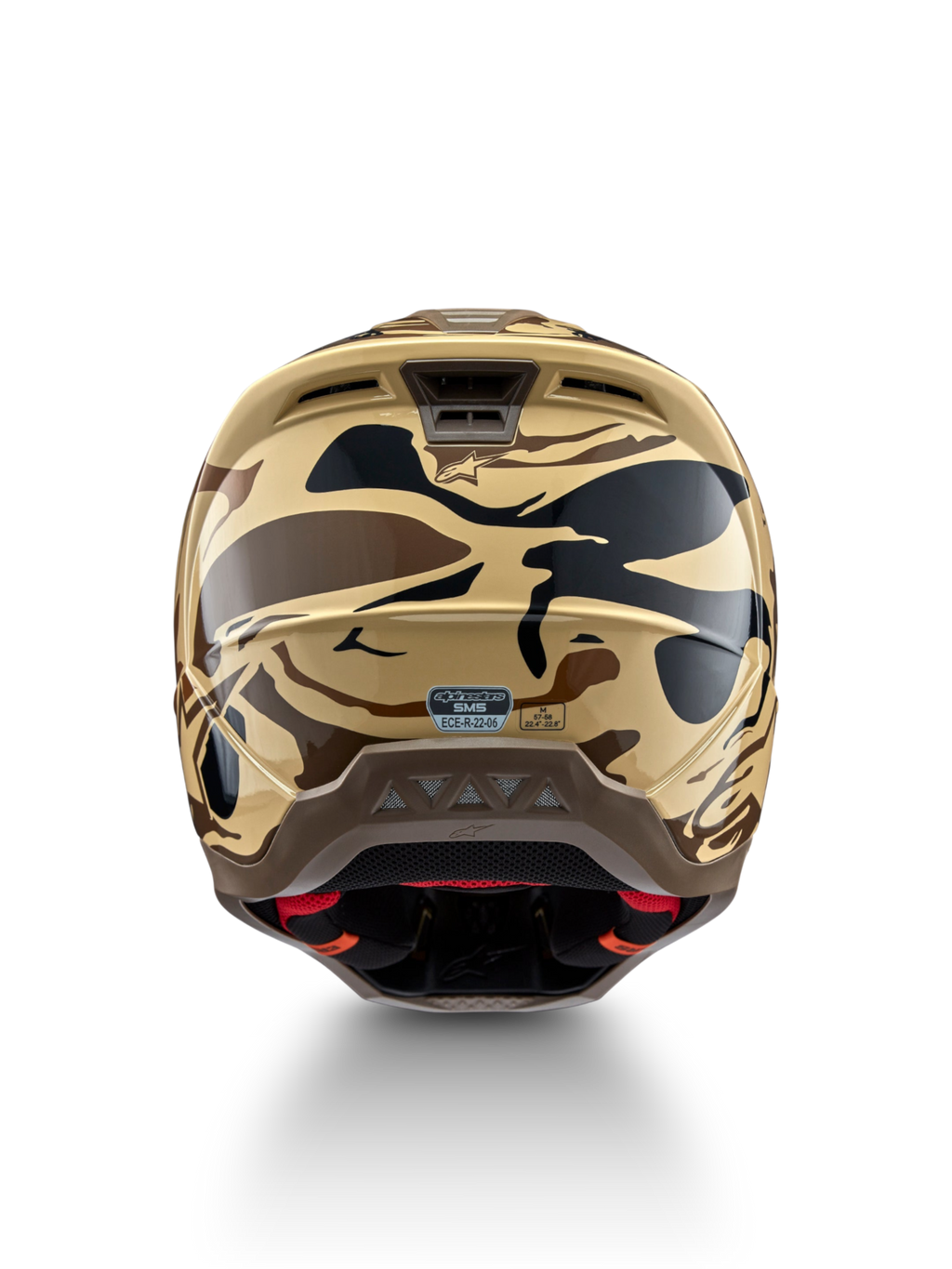 Alpinestars S-M5 Mineral, casque de motocross camouflage marron mat et noir, protection certifiée ECE 22.06, vue de dos.