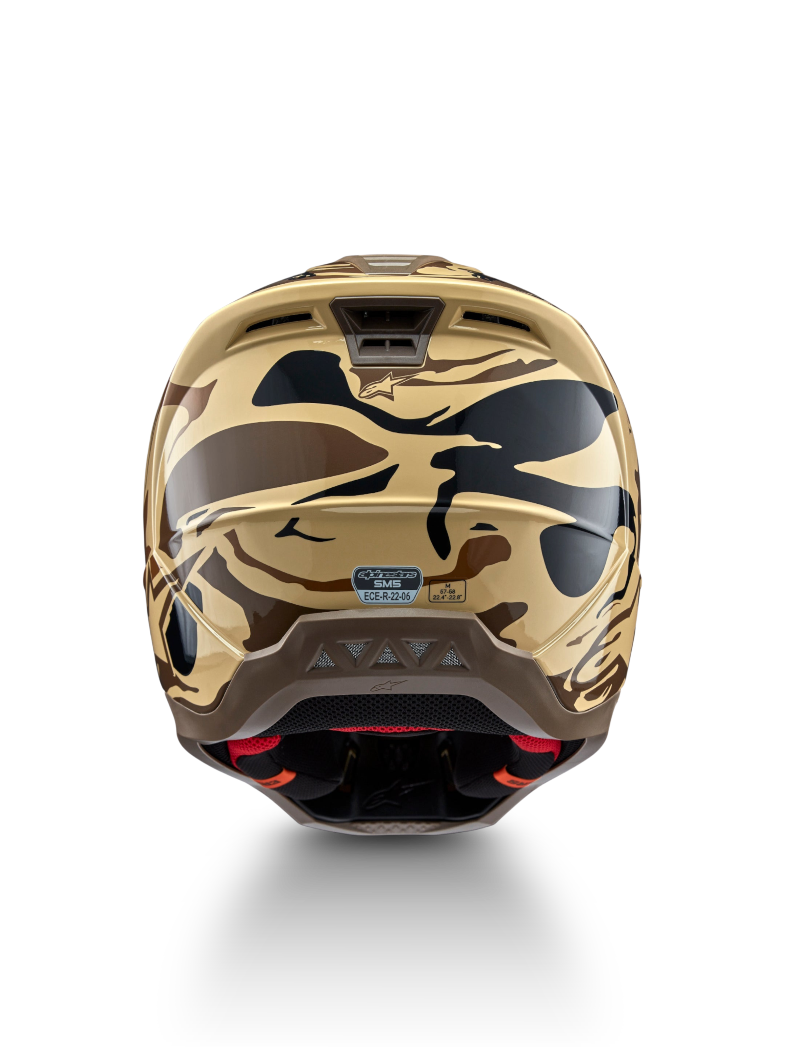 Alpinestars S-M5 Mineral, casque de motocross camouflage marron mat et noir, protection certifiée ECE 22.06, vue de dos.