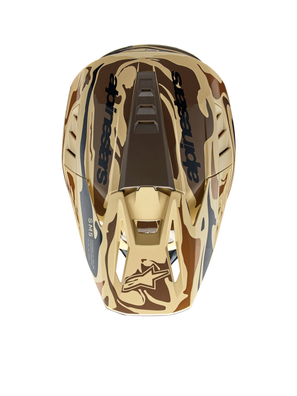Alpinestars S-M5 Mineral, casque de motocross tout-terrain, camouflage marron mat, certifié ECE 22.06, coque légère et ventilée.