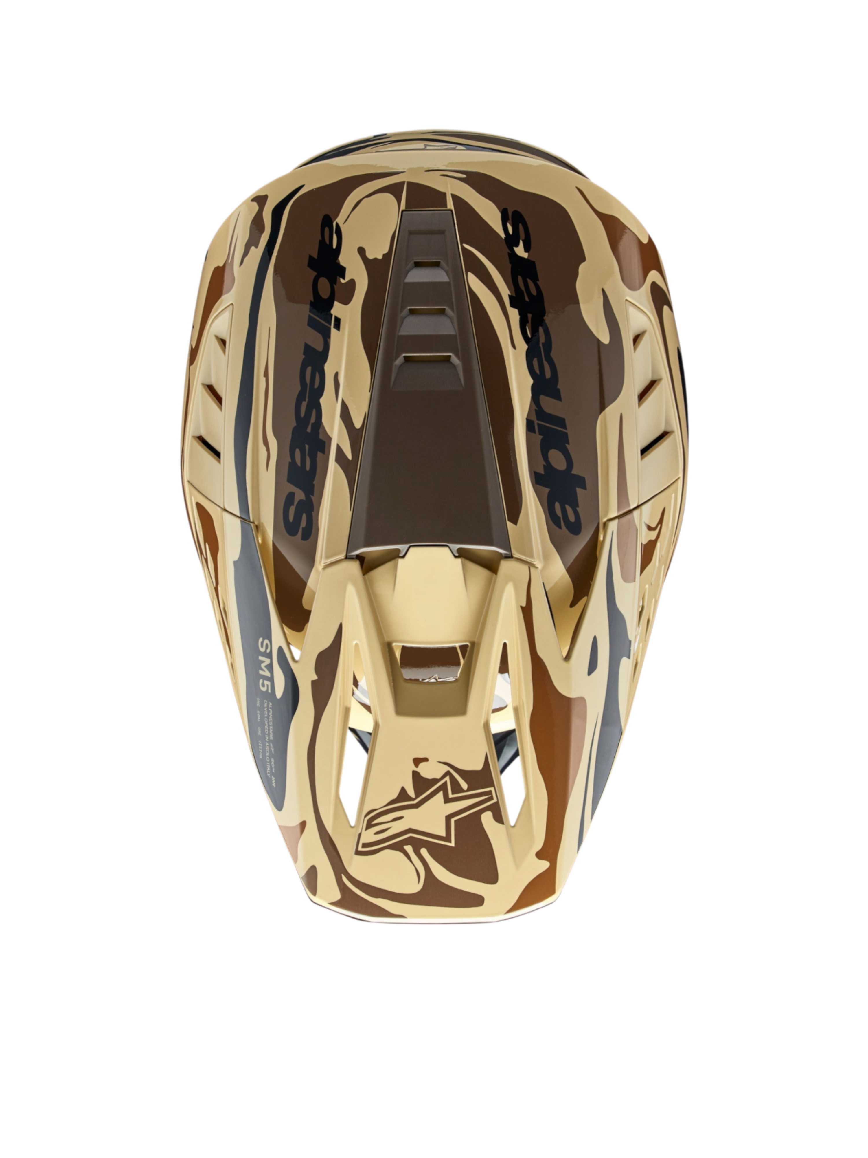 Alpinestars S-M5 Mineral, casque de motocross tout-terrain, camouflage marron mat, certifié ECE 22.06, coque légère et ventilée.