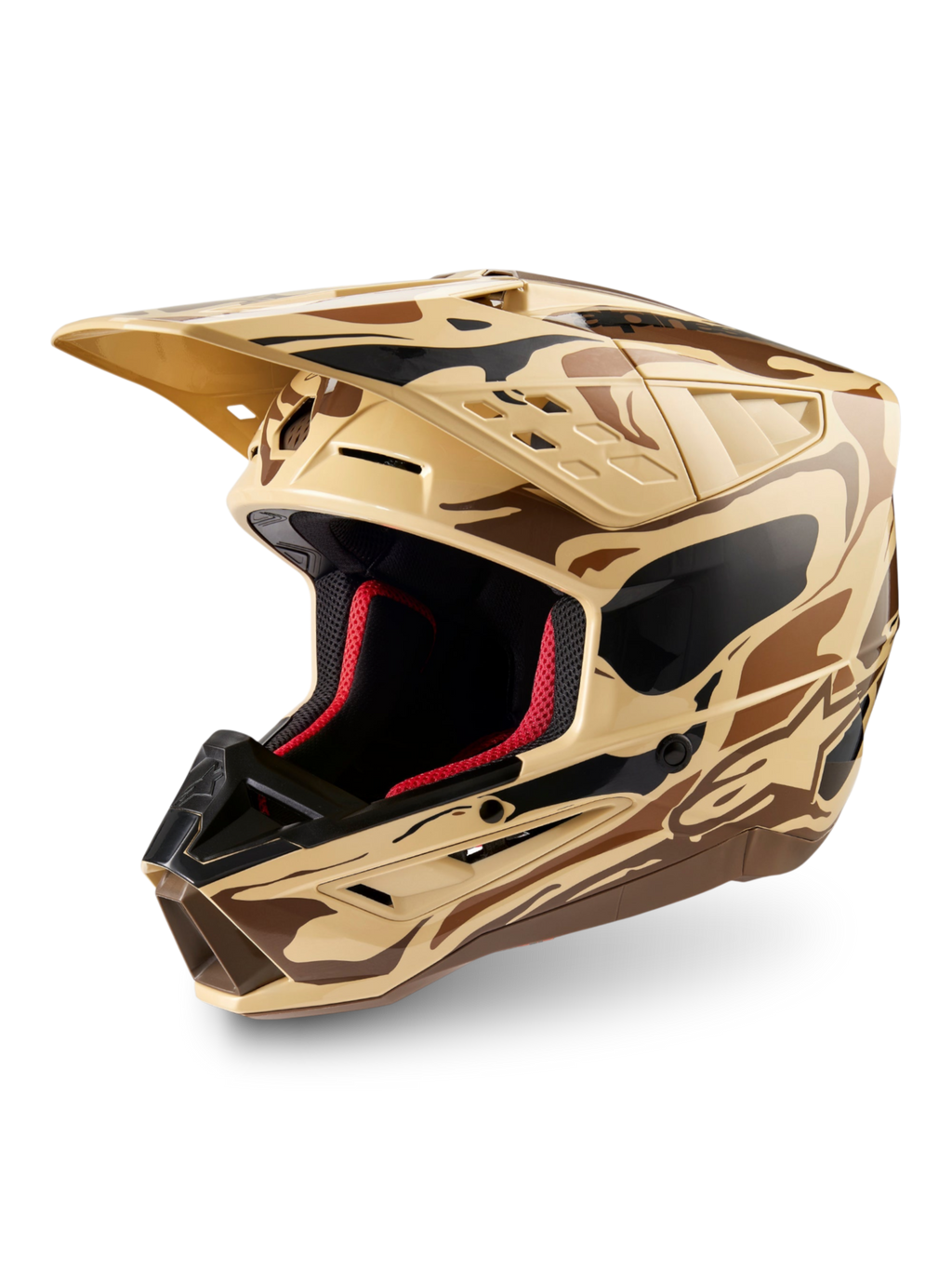 Alpinestars S-M5 Mineral, casque de motocross tout-terrain, coloris marron foncé et beige avec motif camouflage, certifié ECE 22.06, protection légère et ventilée pour pilotes MX