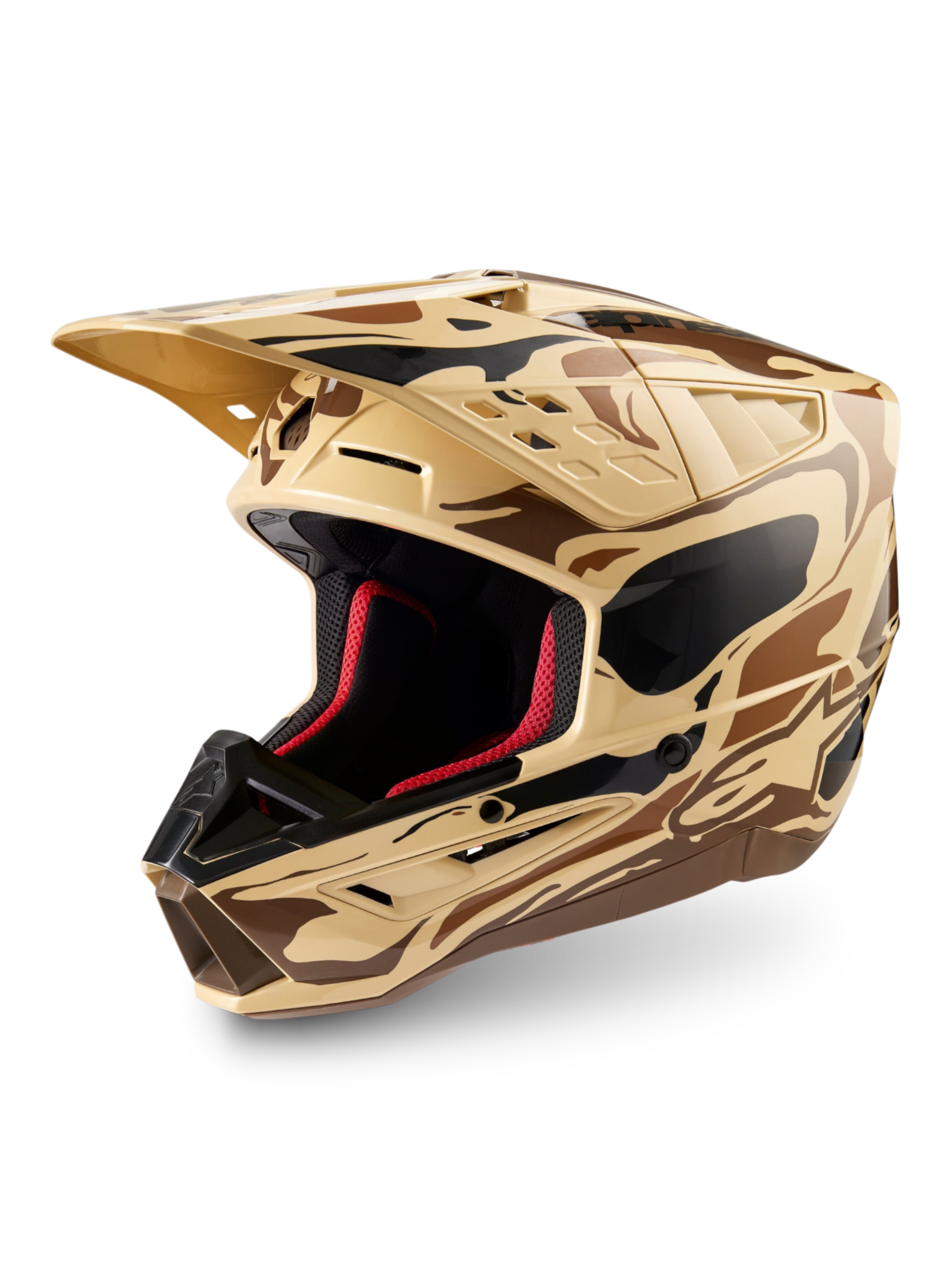 Alpinestars S-M5 Mineral, casque de motocross tout-terrain, coloris marron foncé et beige avec motif camouflage, certifié ECE 22.06, protection légère et ventilée pour pilotes MX