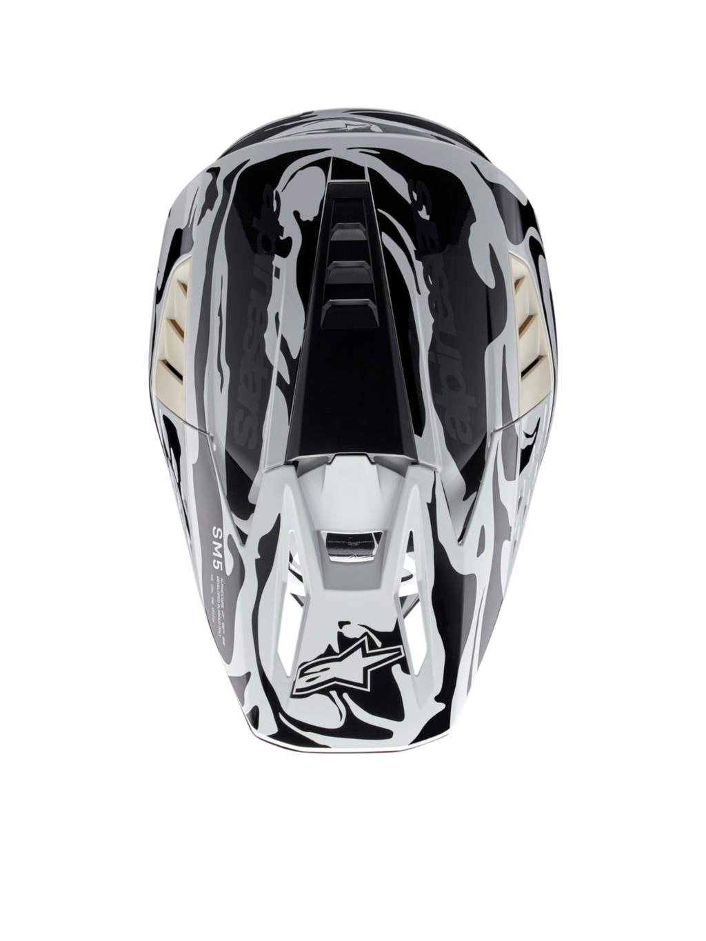 Alpinestars S-M5 Mineral, casque de motocross gris froid et gris foncé brillant, certifié ECE, vue de dessus.