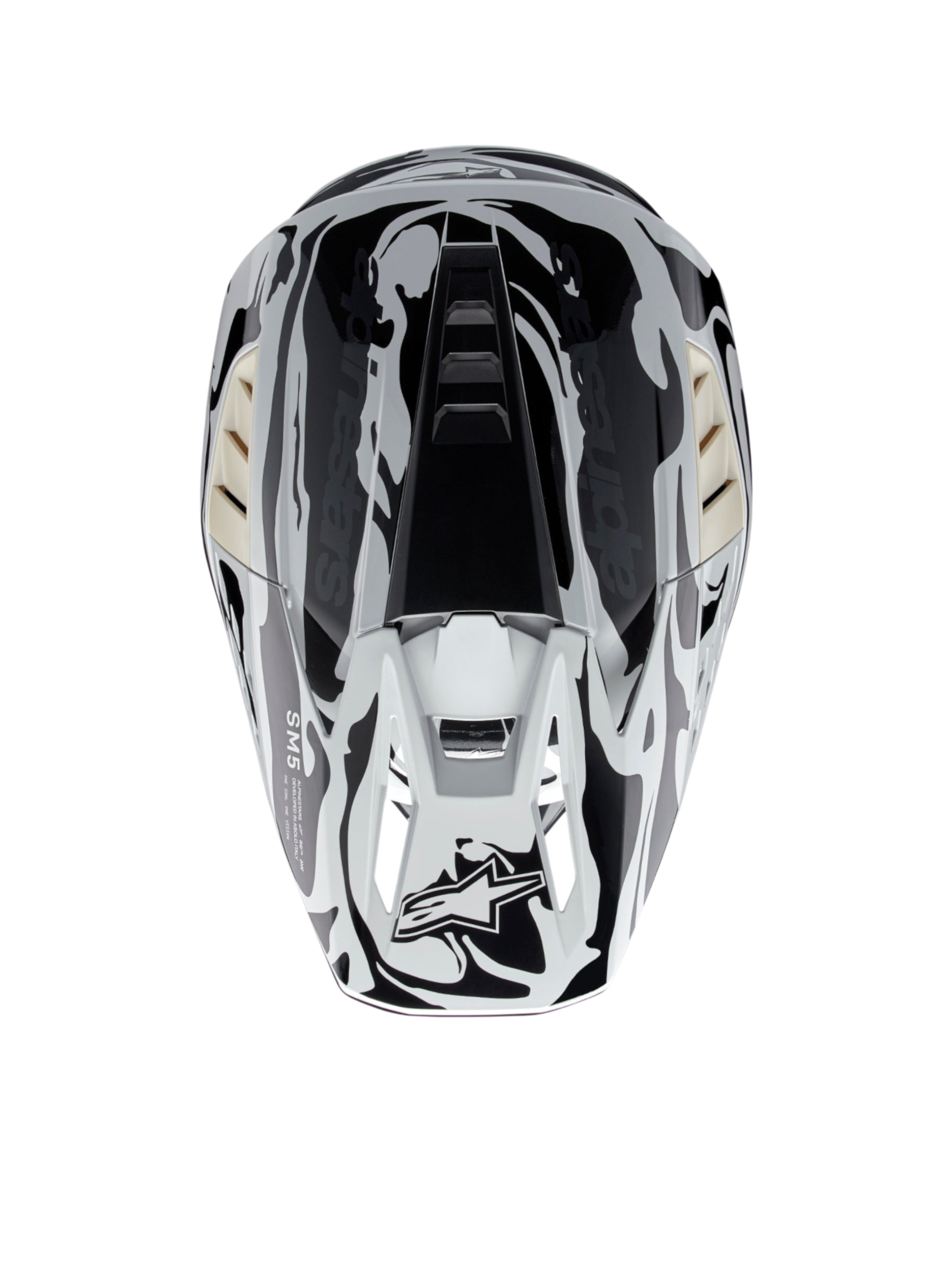 Alpinestars S-M5 Mineral, casque de motocross gris froid et gris foncé brillant, certifié ECE, vue de dessus.