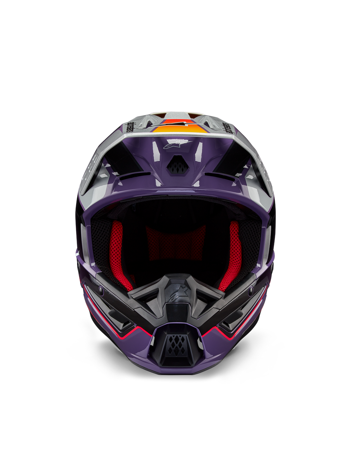 Alpinestars S-M5 Sail Helmet ECE, casque de motocross, violet, noir et argent brillant, vue de face avec rembourrage intérieur rouge, mentonnière ventilée et visière aux accents orange, coque aérodynamique élégante pour une protection tout-terrain