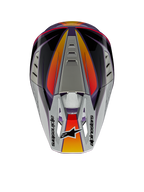 Alpinestars S-M5 Sail Helmet ECE, Motocross Helmet, Violet Black and Silver Glossy, top view showing silver peak with Alpinestars logo, orange and red gradient accents, streamlined shell with ventilation ports, high-performance off-road head protection