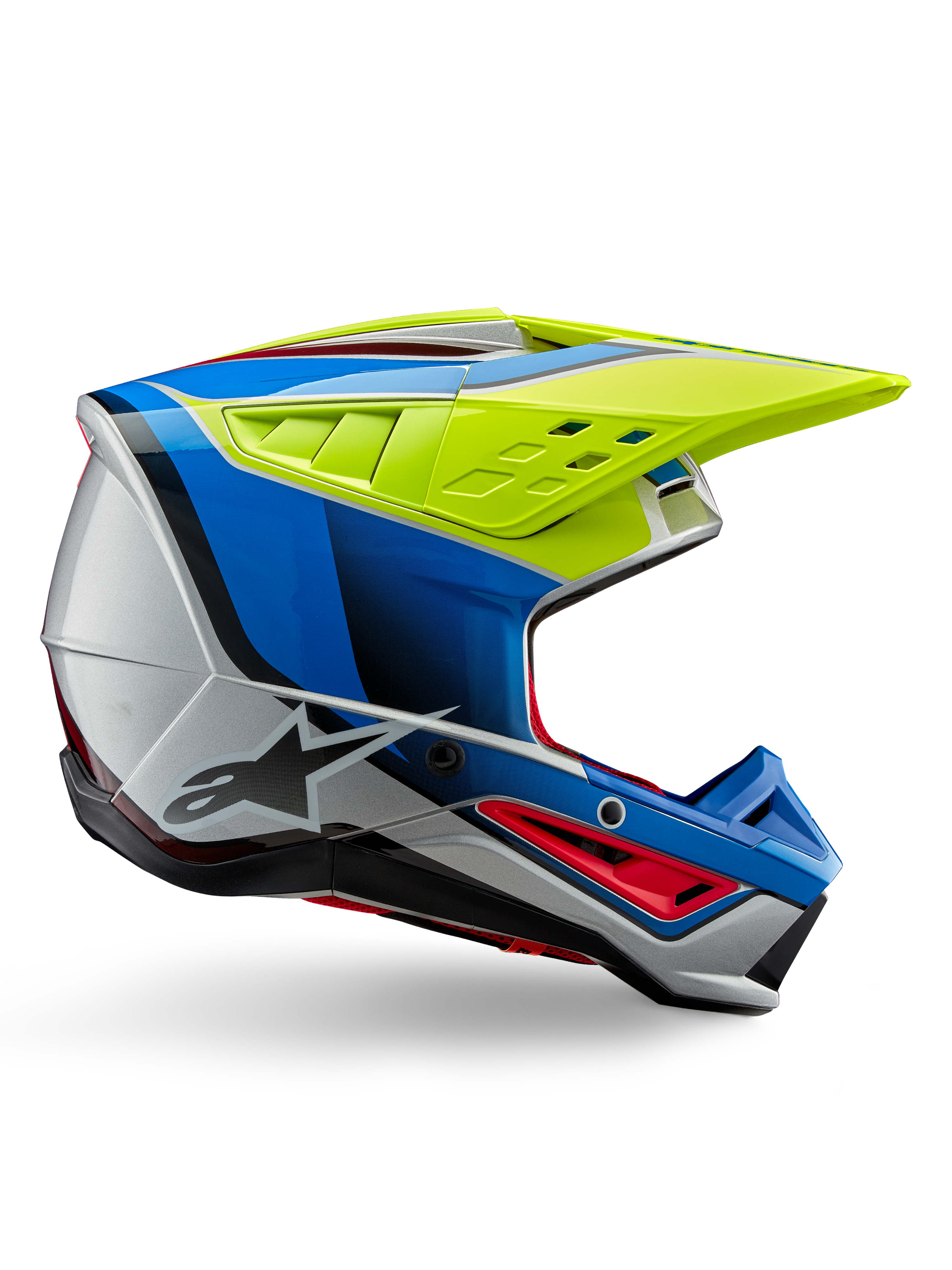 Alpinestars S-M5 Sail Helmet ECE, casque de motocross, jaune fluo, bleu émail et argent brillant, profil latéral avec accents rouges et logo étoile noir, design angulaire avec ports de ventilation, protection professionnelle pour la course tout-terrain