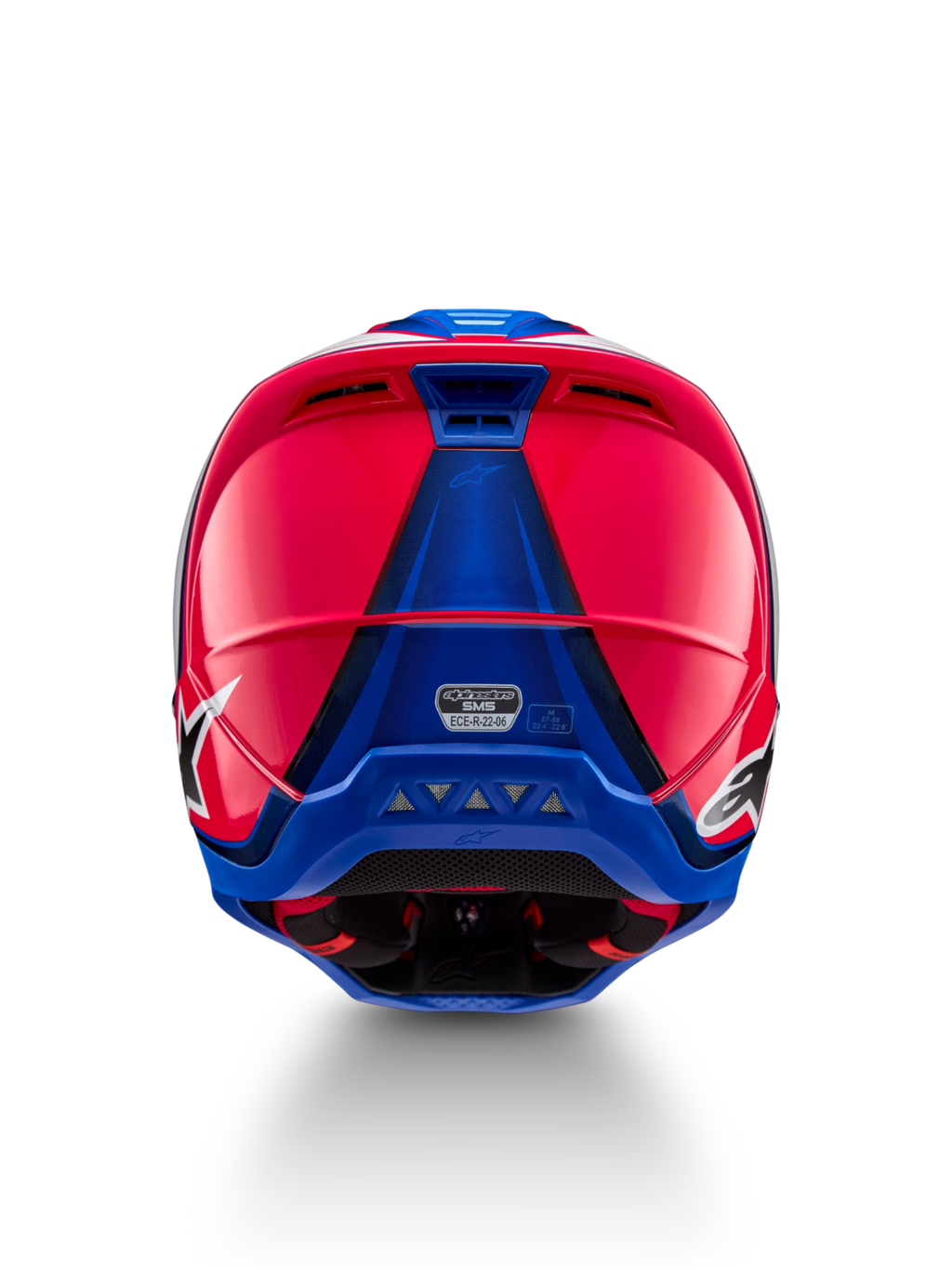Alpinestars S-M5 Sail, casque de motocross rose et bleu, vue arrière avec extracteurs d'air et certification ECE 22.06