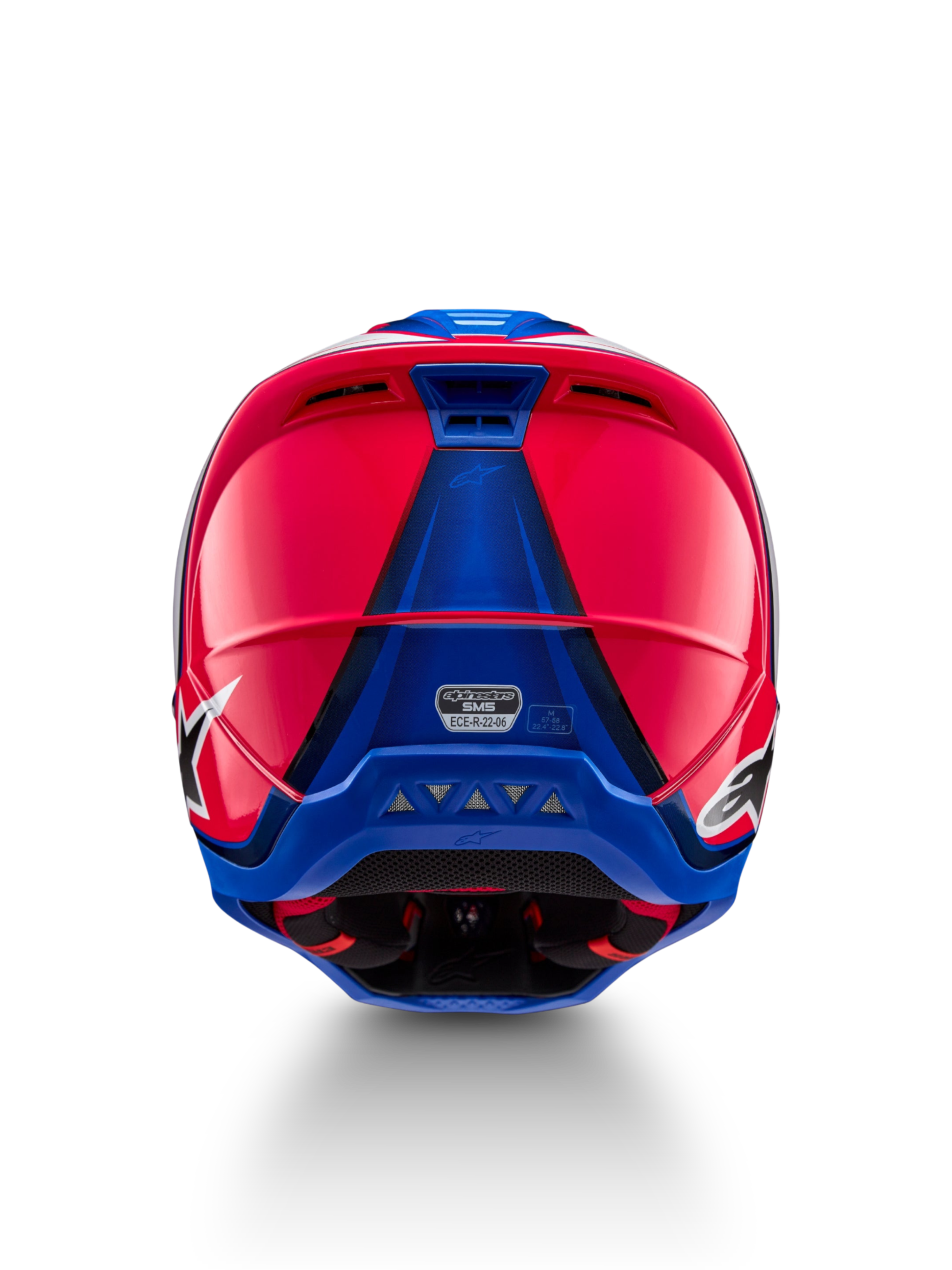 Alpinestars S-M5 Sail, casque de motocross rose et bleu, vue arrière avec extracteurs d'air et certification ECE 22.06
