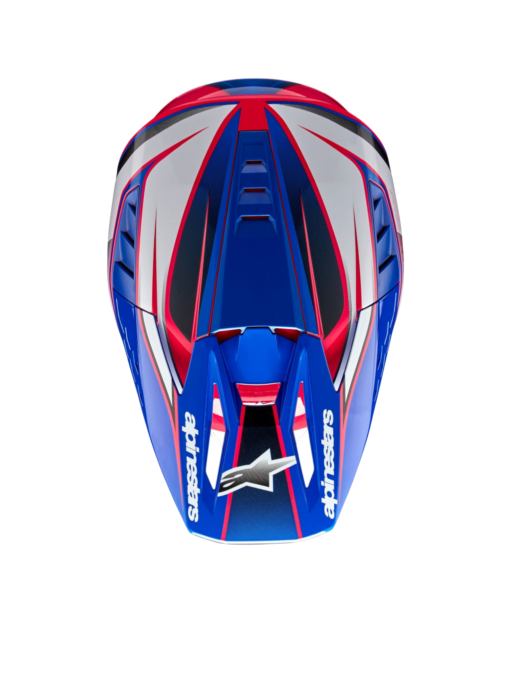 Alpinestars S-M5 Sail, casque de motocross bleu, blanc et rose, vue de dessus, certifié ECE 22.06