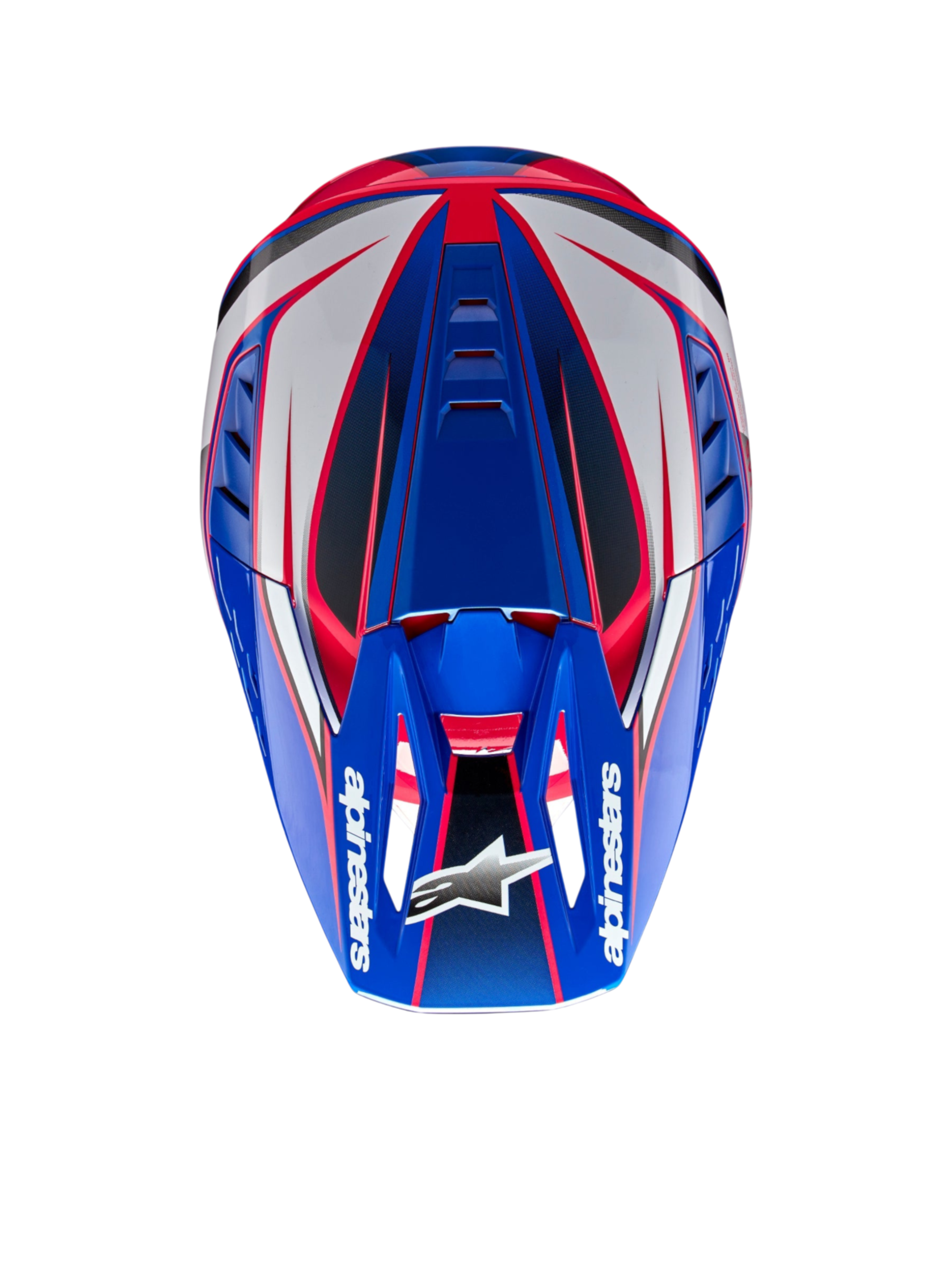 Alpinestars S-M5 Sail, casque de motocross bleu, blanc et rose, vue de dessus, certifié ECE 22.06