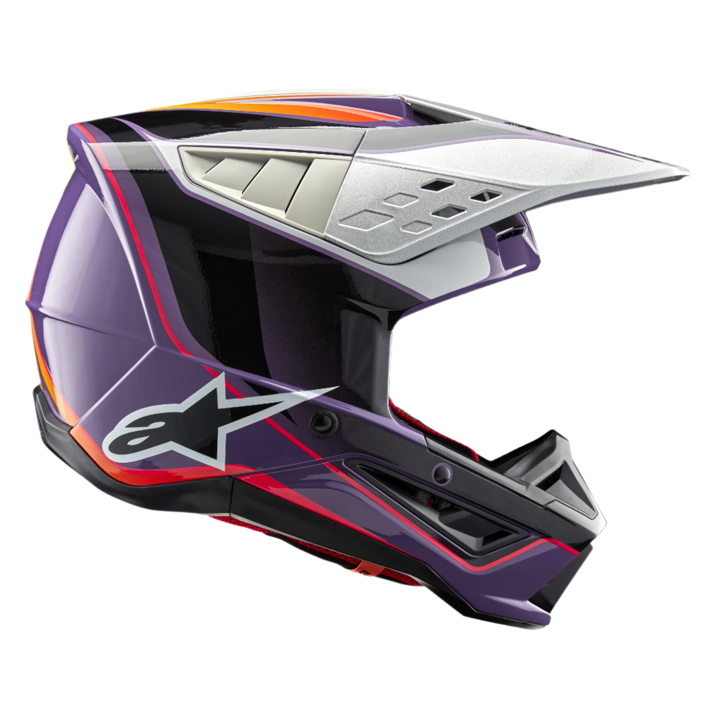 Alpinestars S-M5 Sail Helmet ECE, Motocross Helmet, Violet Black and Silver Glossy, featuring bold orange and red graphics, silver ventilated visor, aerodynamic shell with white star logo, professional off-road racing protection