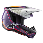 Alpinestars S-M5 Sail Helmet ECE, Motocross Helmet, Violet Black and Silver Glossy, featuring bold orange and red graphics, silver ventilated visor, aerodynamic shell with white star logo, professional off-road racing protection