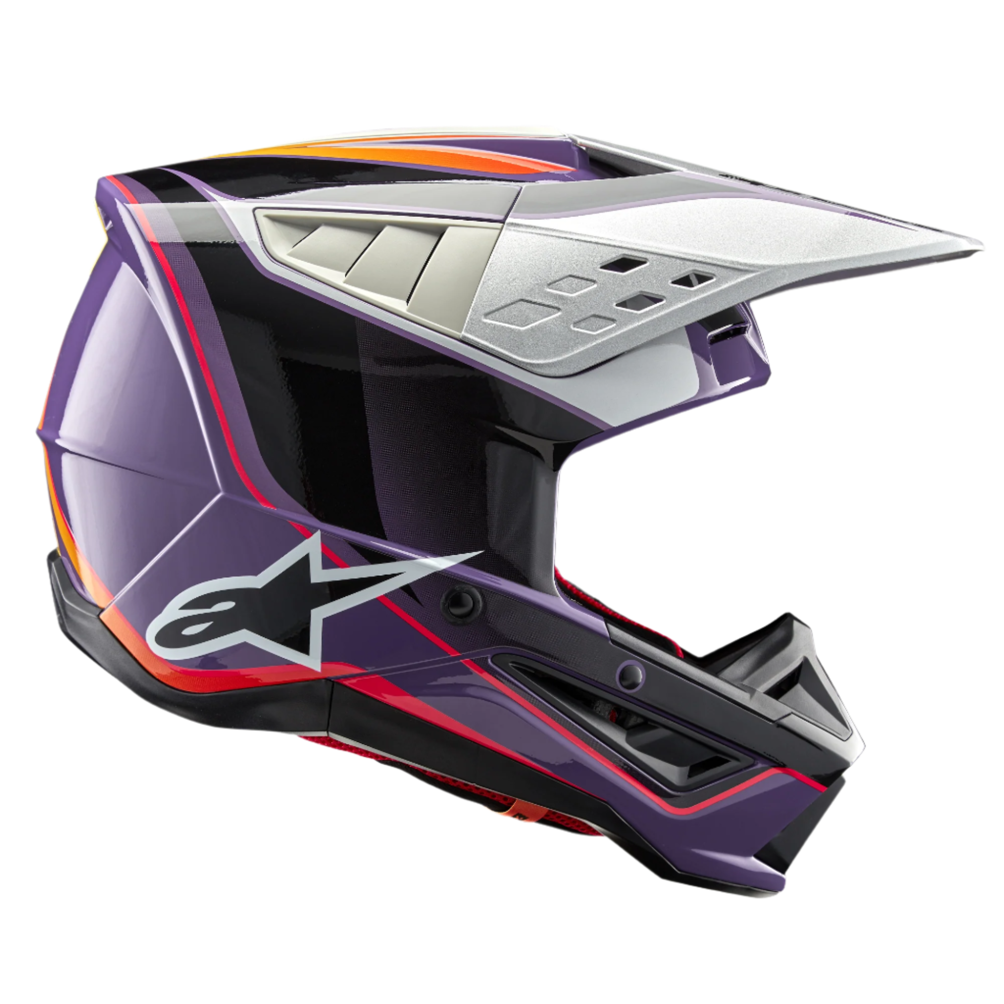 Alpinestars S-M5 Sail Helmet ECE, casque de motocross, violet, noir et argent brillant, avec des graphismes orange et rouges vifs, visière ventilée argentée, coque aérodynamique avec logo étoile blanc, protection professionnelle pour le tout-terrain