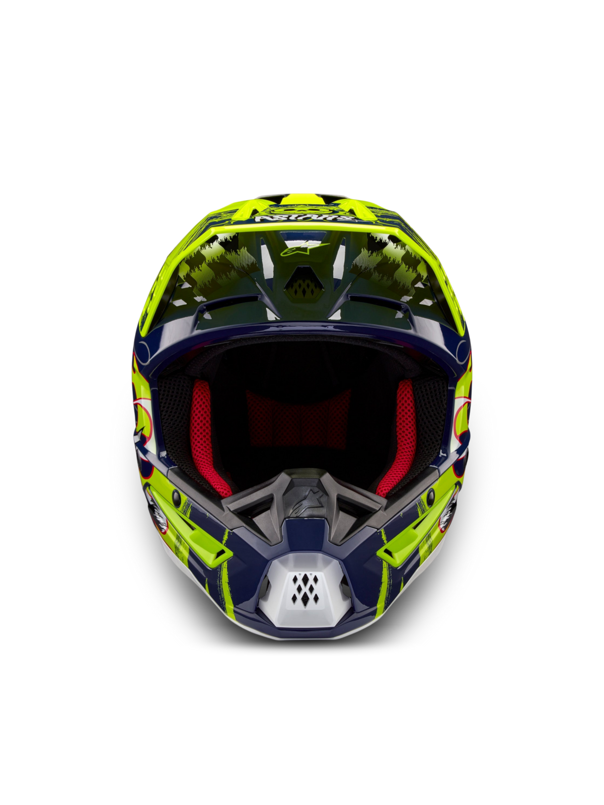 Alpinestars S-M5 Rash, casque de motocross, bleu marine et jaune fluo, certifié ECE 22.06, vue de face, rembourrage rouge.