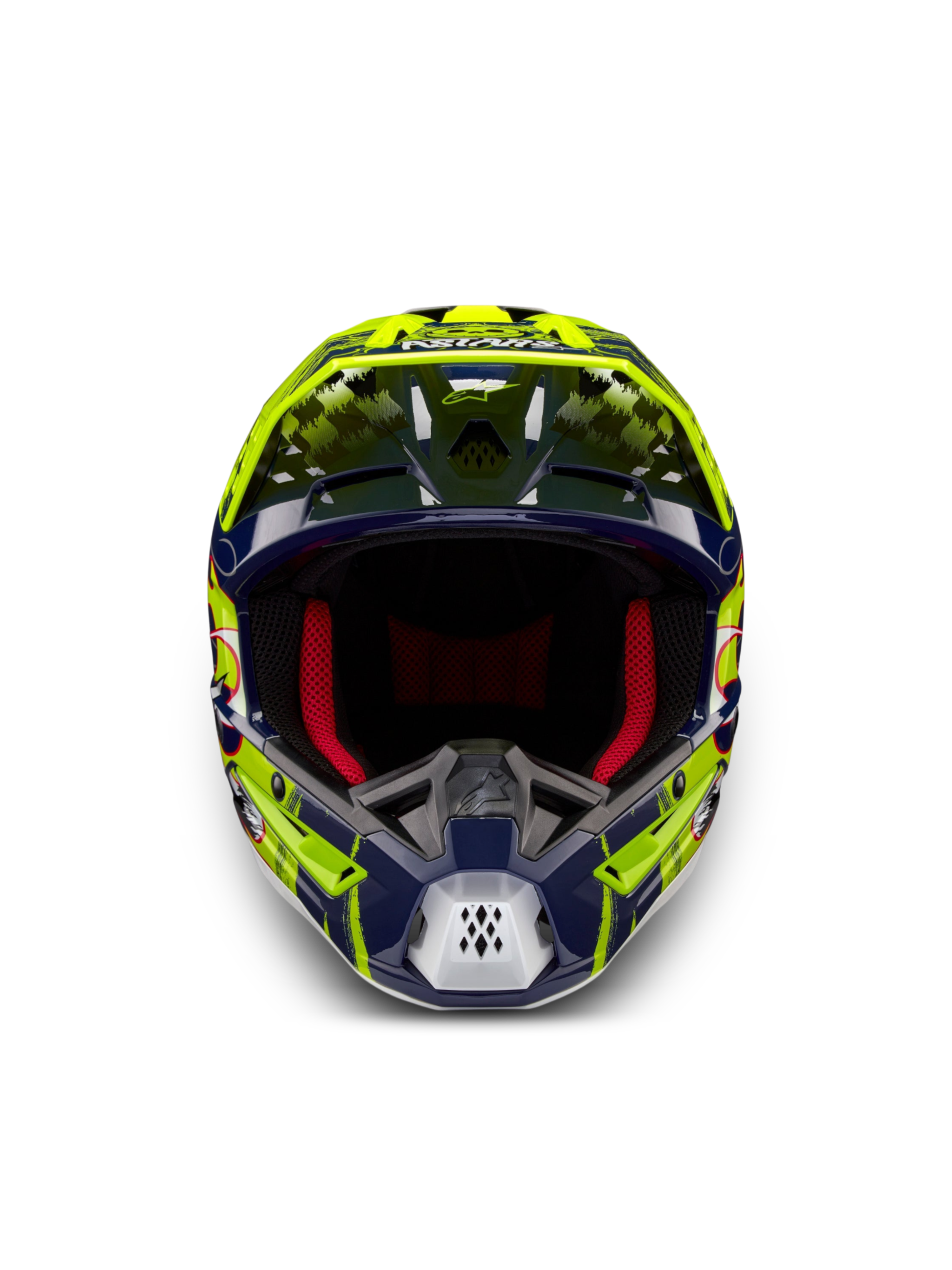 Alpinestars S-M5 Rash, casque de motocross, bleu marine et jaune fluo, certifié ECE 22.06, vue de face, rembourrage rouge.