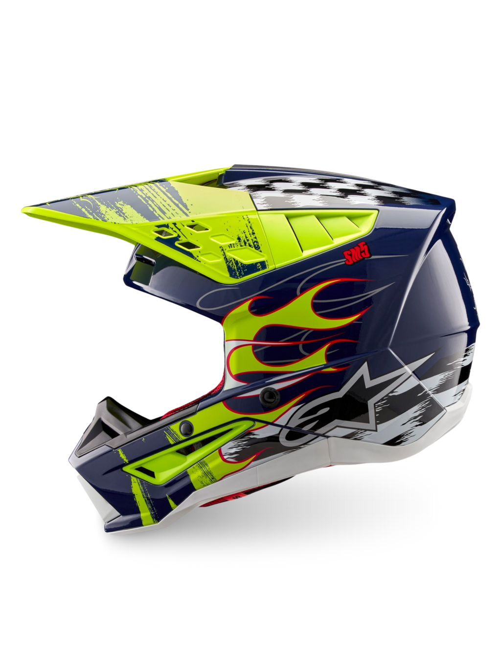 Alpinestars S-M5 Rash ECE 22.06, casque de motocross tout-terrain, bleu marine et jaune fluo brillant, certifié ECE, avec graphismes de flammes et damiers