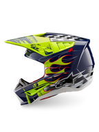 Alpinestars S-M5 Rash ECE 22.06, casque de motocross tout-terrain, bleu marine et jaune fluo brillant, certifié ECE, avec graphismes de flammes et damiers