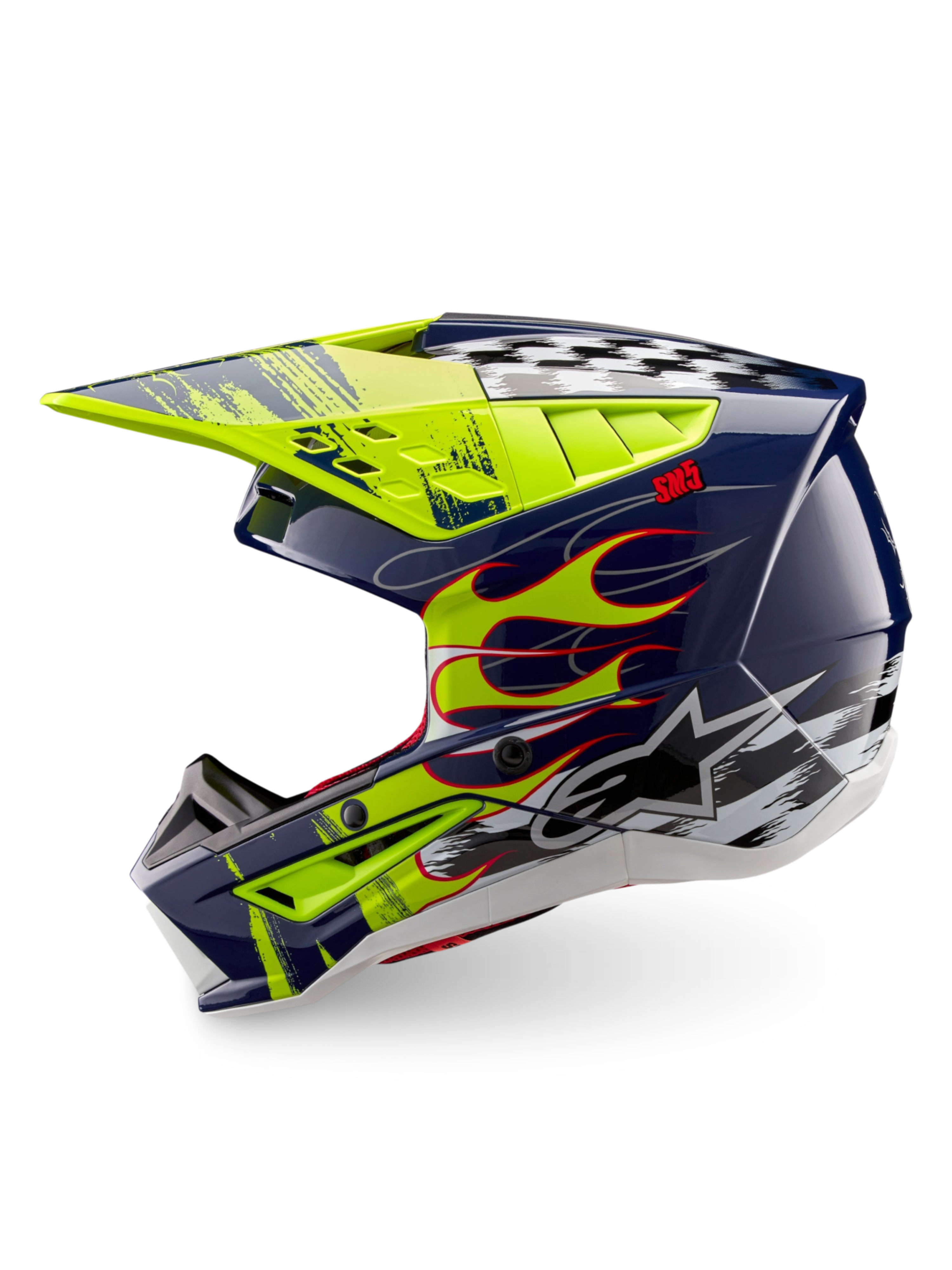 Alpinestars S-M5 Rash ECE 22.06, casque de motocross tout-terrain, bleu marine et jaune fluo brillant, certifié ECE, avec graphismes de flammes et damiers
