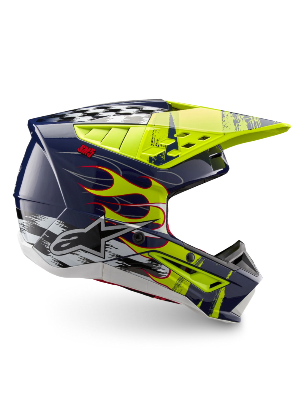 Alpinestars S-M5 Rash ECE 22.06, casque de motocross bleu marine et jaune fluo brillant avec motifs de flammes, certifié ECE