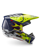 Alpinestars S-M5 Rash ECE 22.06, casque de motocross bleu marine et jaune fluo brillant avec motifs de flammes, certifié ECE