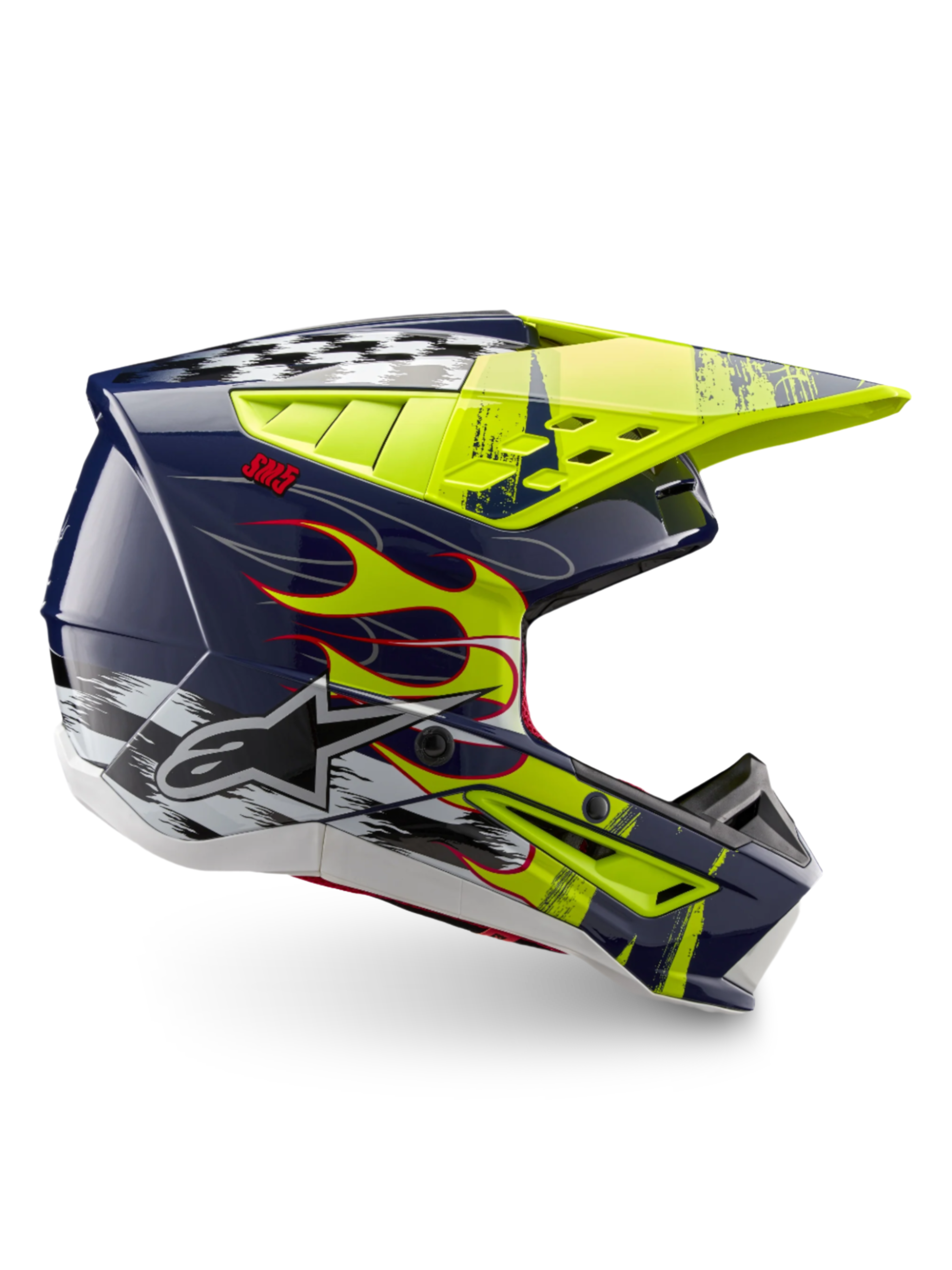 Alpinestars S-M5 Rash ECE 22.06, casque de motocross bleu marine et jaune fluo brillant avec motifs de flammes, certifié ECE
