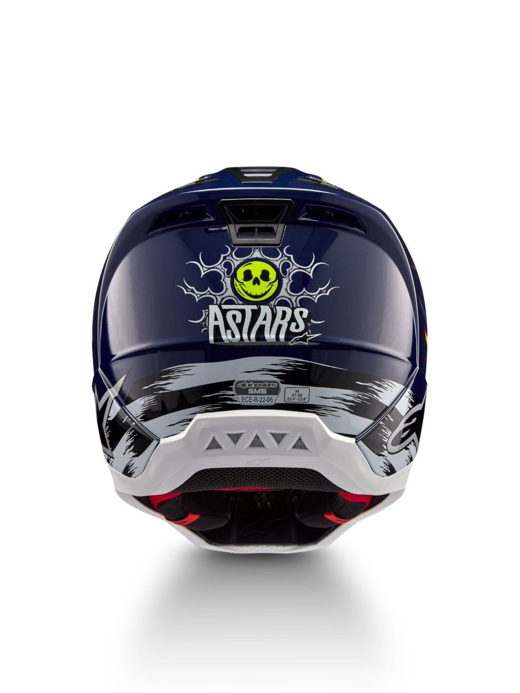 Casque Alpinestars S-M5 Rash ECE 22.06, motocross, bleu marine et jaune fluo, vue arrière avec graphique de tête de mort.