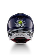 Casque Alpinestars S-M5 Rash ECE 22.06, motocross, bleu marine et jaune fluo, vue arrière avec graphique de tête de mort.
