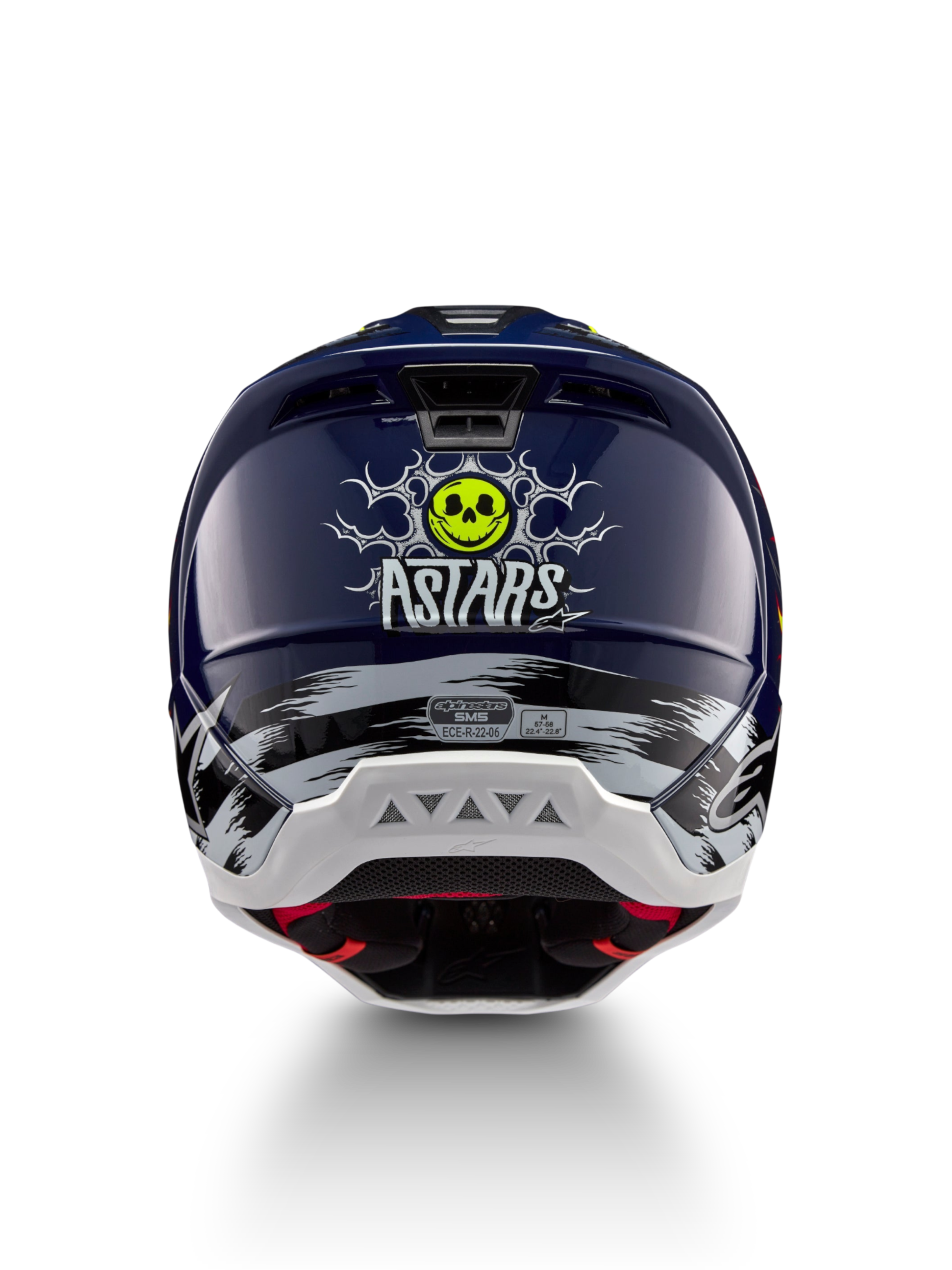 Casque Alpinestars S-M5 Rash ECE 22.06, motocross, bleu marine et jaune fluo, vue arrière avec graphique de tête de mort.