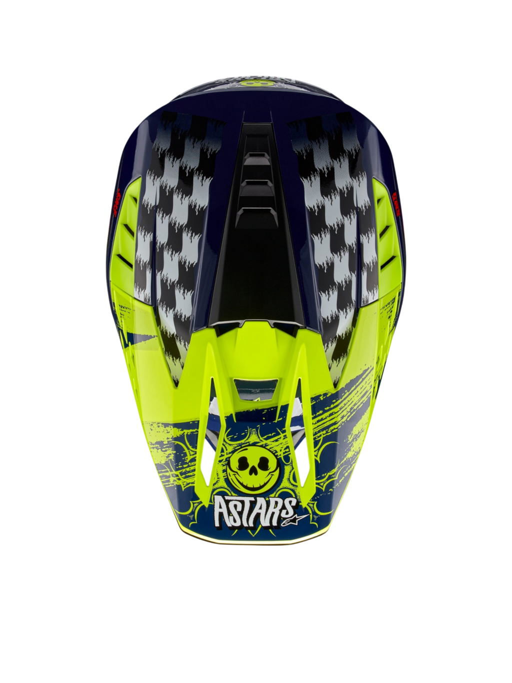 Alpinestars S-M5 Rash, casque de motocross bleu marine et jaune fluo avec damiers et logo tête de mort Astars