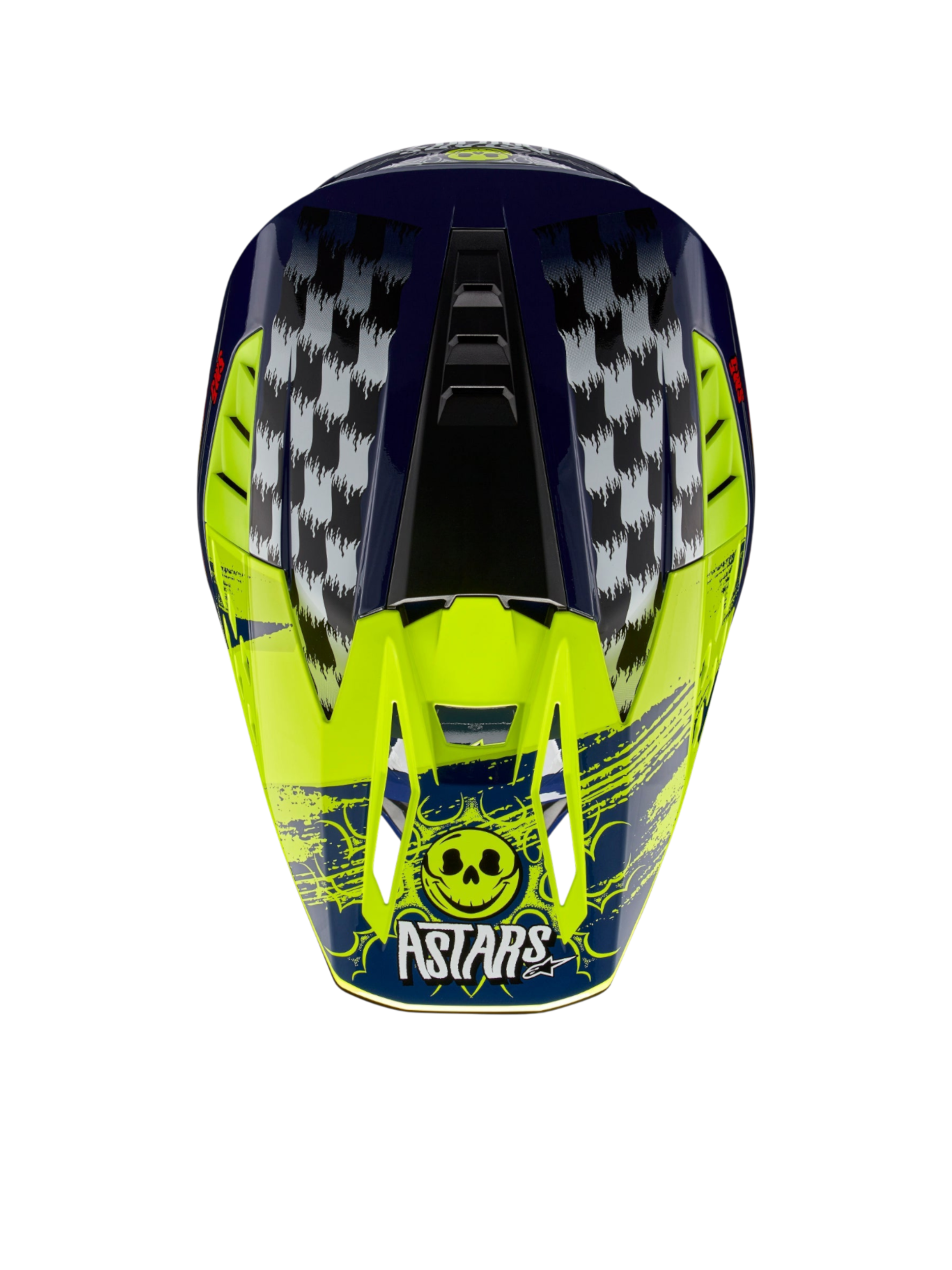 Alpinestars S-M5 Rash, casque de motocross bleu marine et jaune fluo avec damiers et logo tête de mort Astars