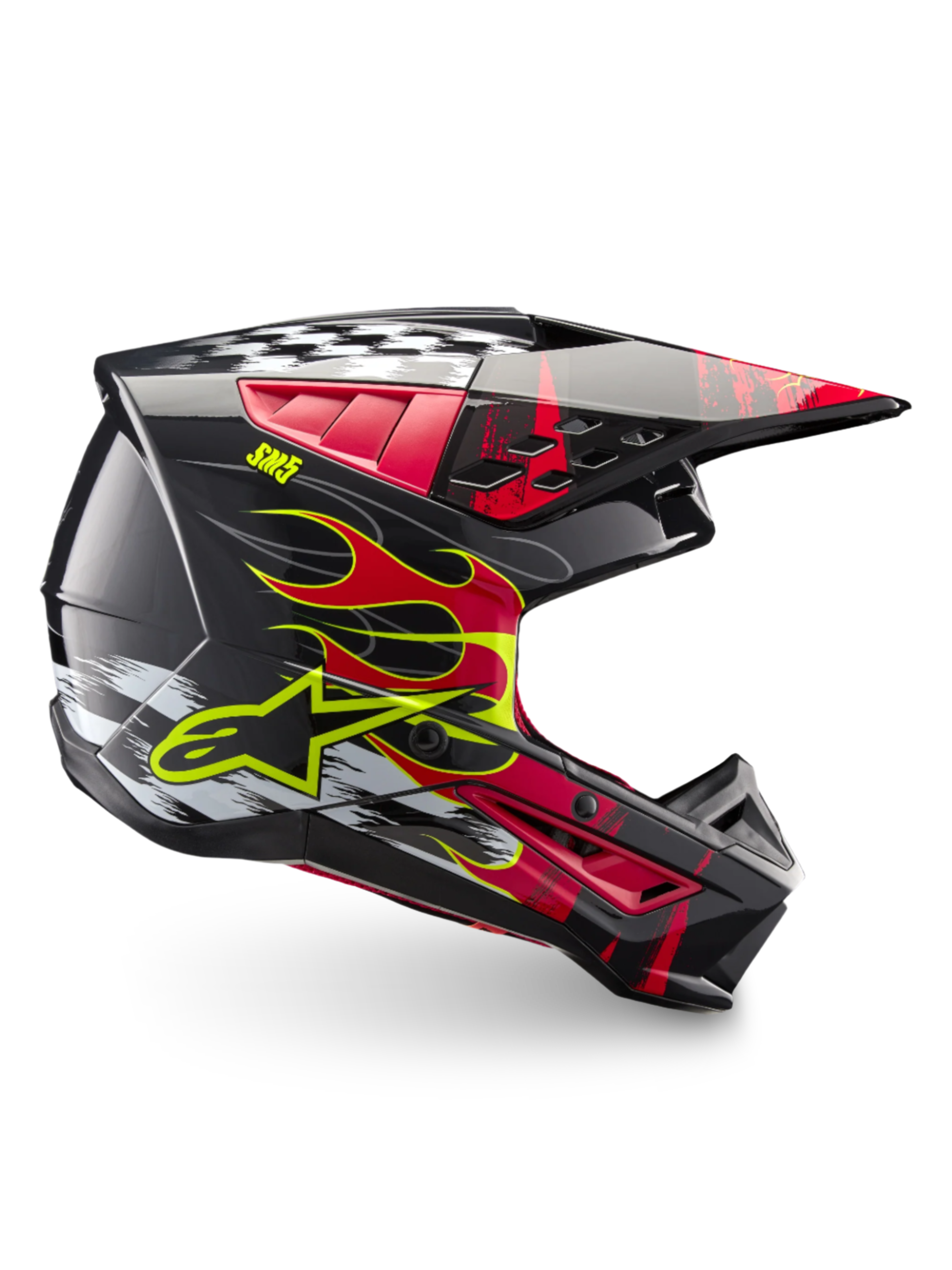 Alpinestars S-M5 Rash, casque de motocross brillant gris foncé et rouge vif, certifié ECE 22.06, motifs de flammes