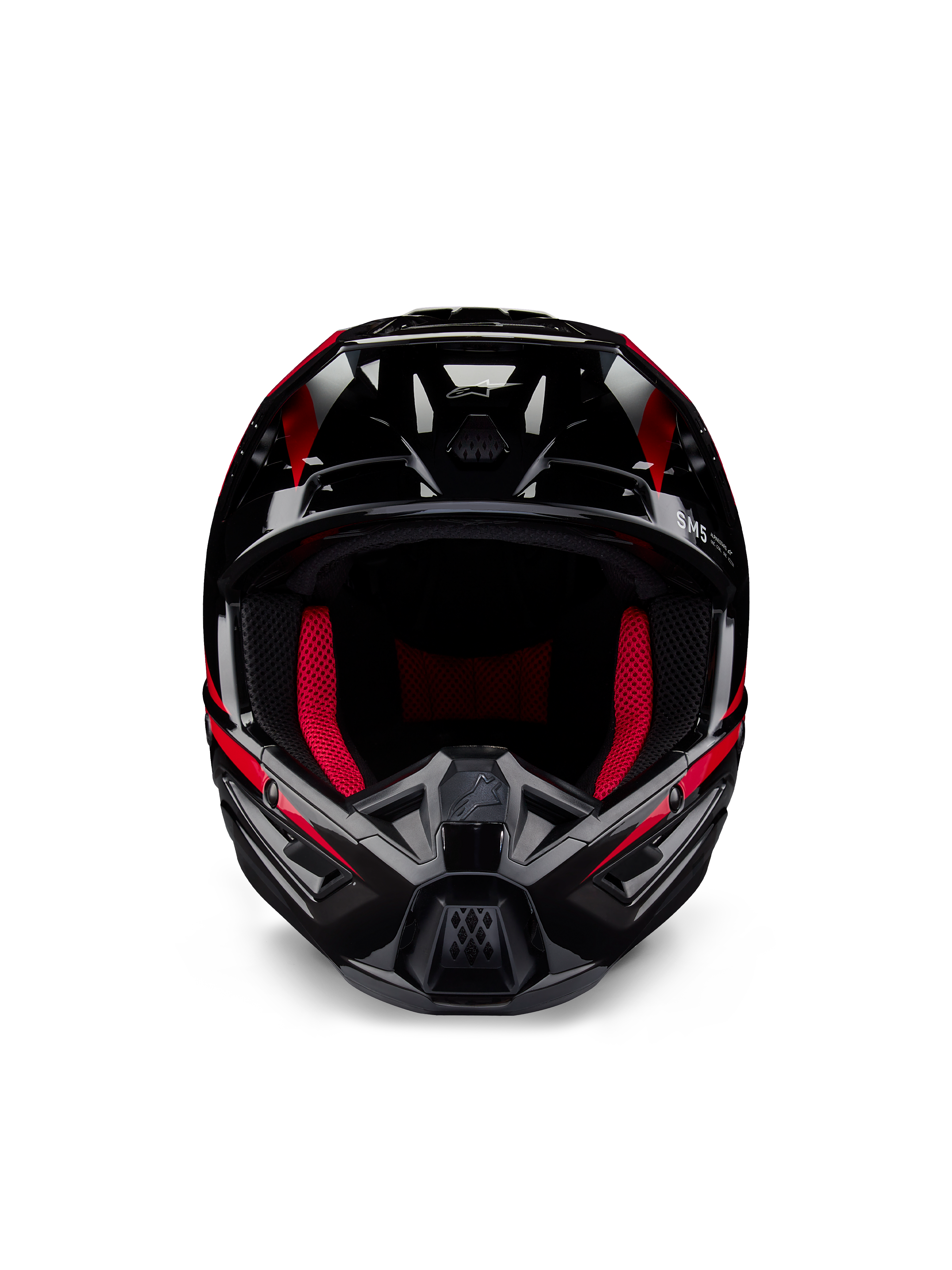 Alpinestars Honda S-M5 Helmet ECE, casque de motocross, noir et rouge brillant, vue de face présentant une finition noire brillante avec des graphismes rouges, rembourrage interne rouge vif, design angulaire avec de multiples entrées d'air, protection haute performance pour le motocross