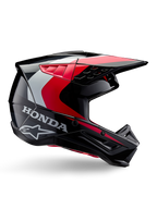 Casque Honda S-M5, casque de motocross, noir et rouge brillant avec accents blancs et argentés, vue latérale présentant les logos Honda et Alpinestars, design aérodynamique avec visière et multiples ports de ventilation, équipement de protection professionnel tout-terrain