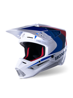 Alpinestars Honda S-M5 Helmet ECE, casque de motocross, blanc, bleu et rouge brillant, avec logo Honda distinctif sur le côté, rembourrage intérieur en mesh rouge, visière aérodynamique avec prises d'air intégrées, design graphique épuré pour le tout-terrain