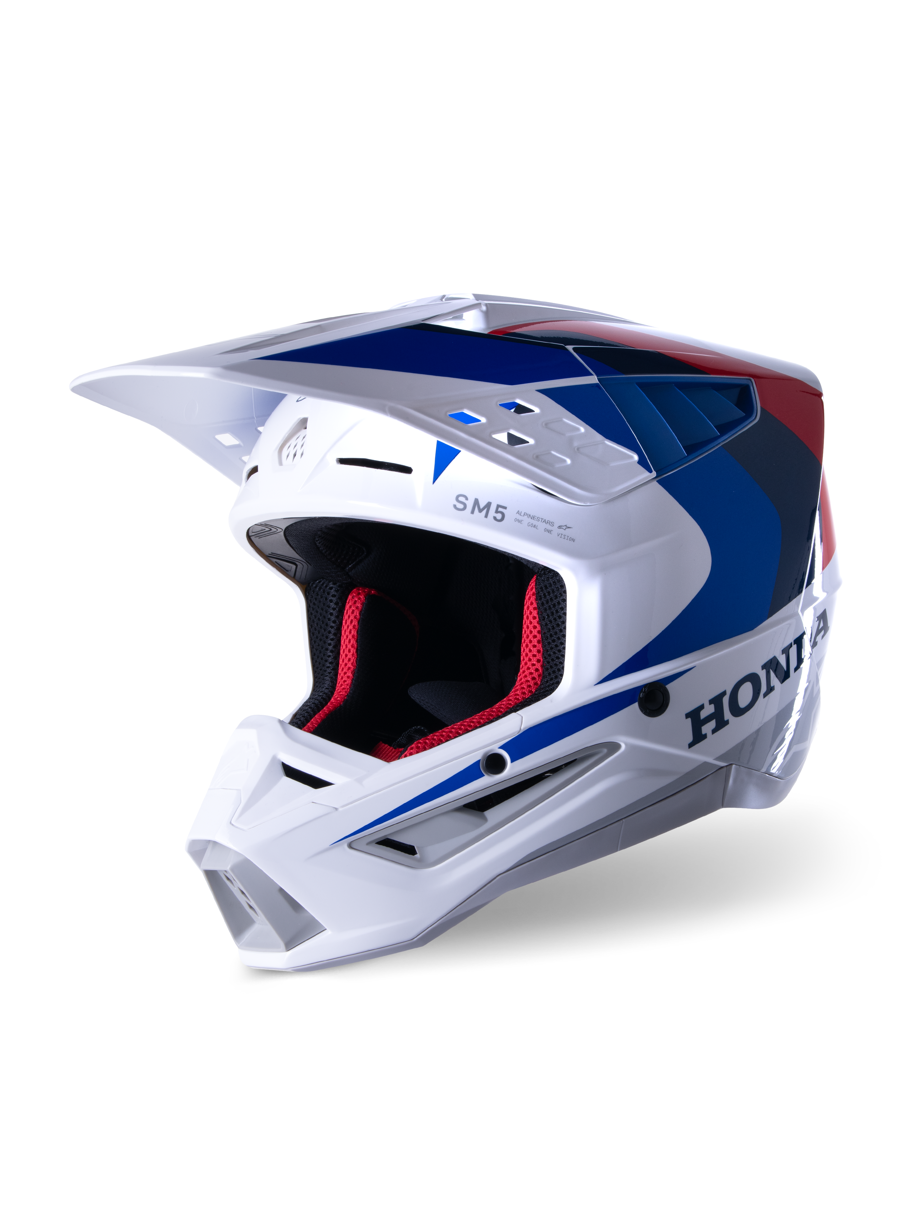 Alpinestars Honda S-M5 Helmet ECE, casque de motocross, blanc, bleu et rouge brillant, avec logo Honda distinctif sur le côté, rembourrage intérieur en mesh rouge, visière aérodynamique avec prises d'air intégrées, design graphique épuré pour le tout-terrain