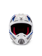 Casque Alpinestars Honda S-M5 ECE, casque de motocross, blanc, bleu et rouge brillant, vue de face montrant les ports de ventilation et le rembourrage intérieur rouge, design aérodynamique pour la protection en course tout-terrain