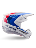 Alpinestars Honda S-M5 Helmet ECE, casque de motocross, blanc, bleu et rouge, vue de profil, design aérodynamique avec visière intégrée, nombreuses ouvertures de ventilation, finition brillante, marquage Honda et logo Alpinestars