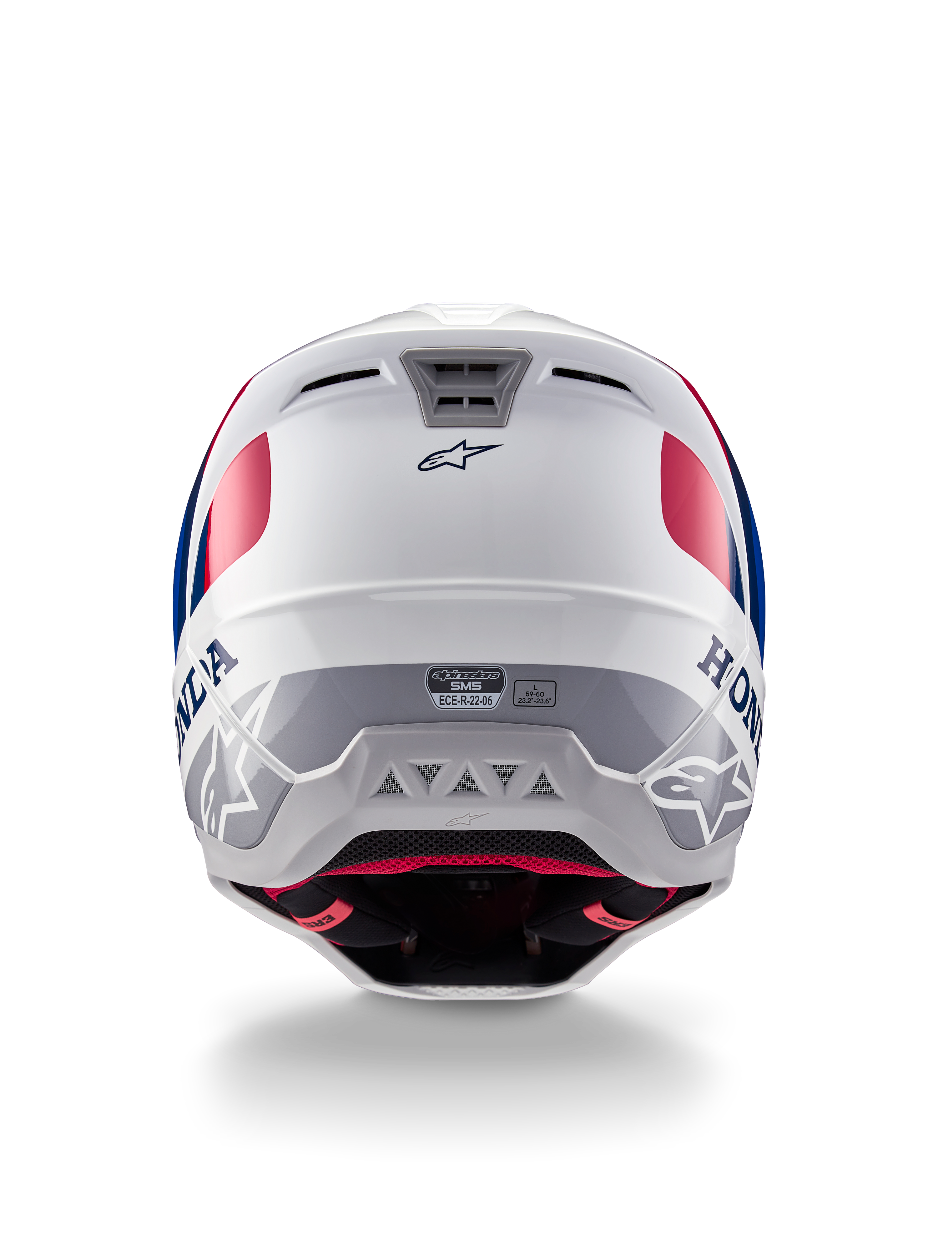 Casque Alpinestars Honda S-M5 ECE, casque de motocross, blanc, bleu et rouge brillant, vue arrière montrant les logos Honda et Alpinestars, coque profilée avec ports d'échappement de ventilation intégrés et étiquette de certification ECE.
