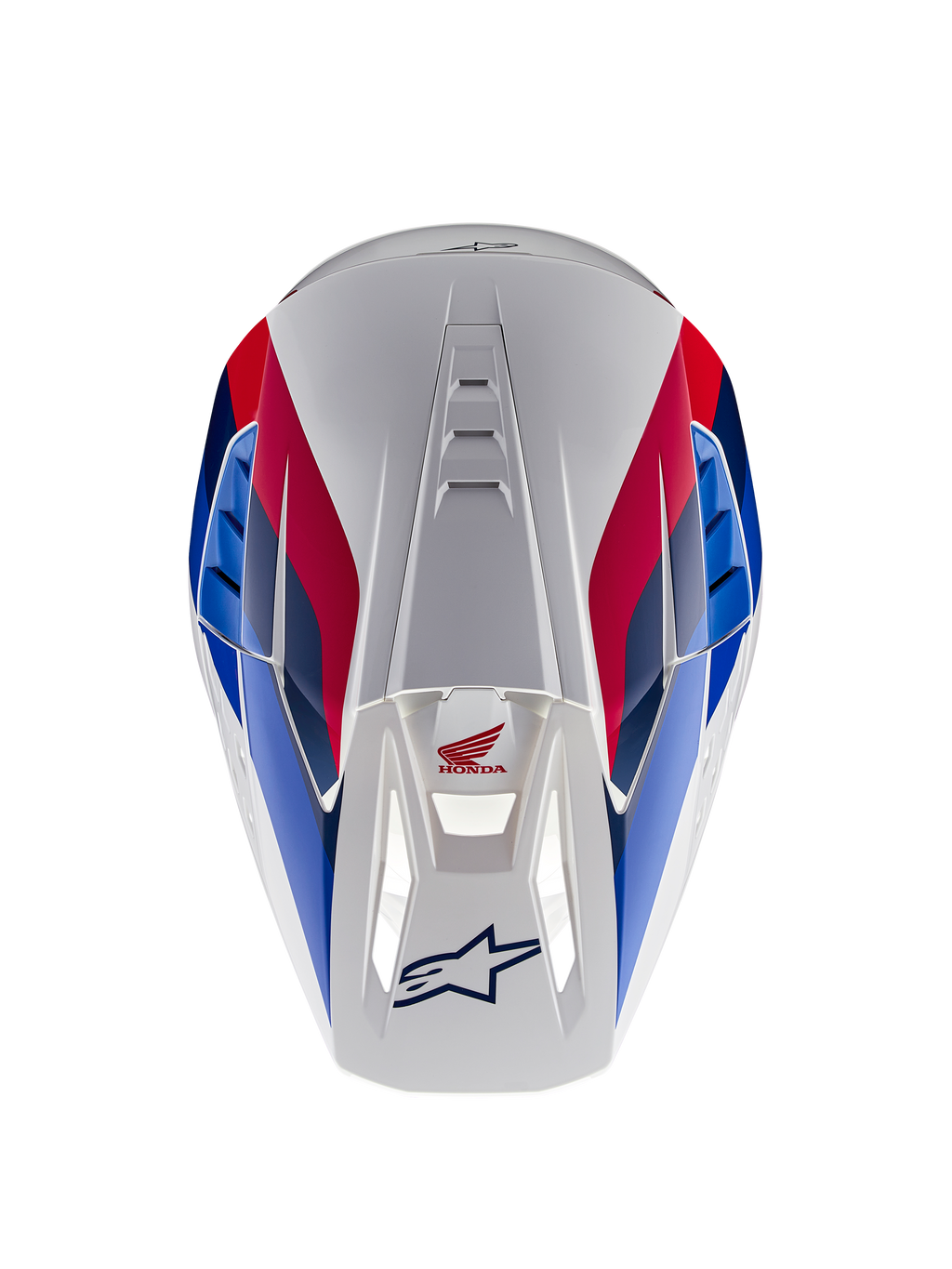 Casque Alpinestars Honda S-M5 ECE, casque de motocross, blanc, bleu et rouge brillant, vue de dessus mettant en évidence les canaux de ventilation, avec des graphismes rouges et bleus et les logos Honda et Alpinestars
