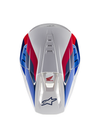 Casque Alpinestars Honda S-M5 ECE, casque de motocross, blanc, bleu et rouge brillant, vue de dessus mettant en évidence les canaux de ventilation, avec des graphismes rouges et bleus et les logos Honda et Alpinestars
