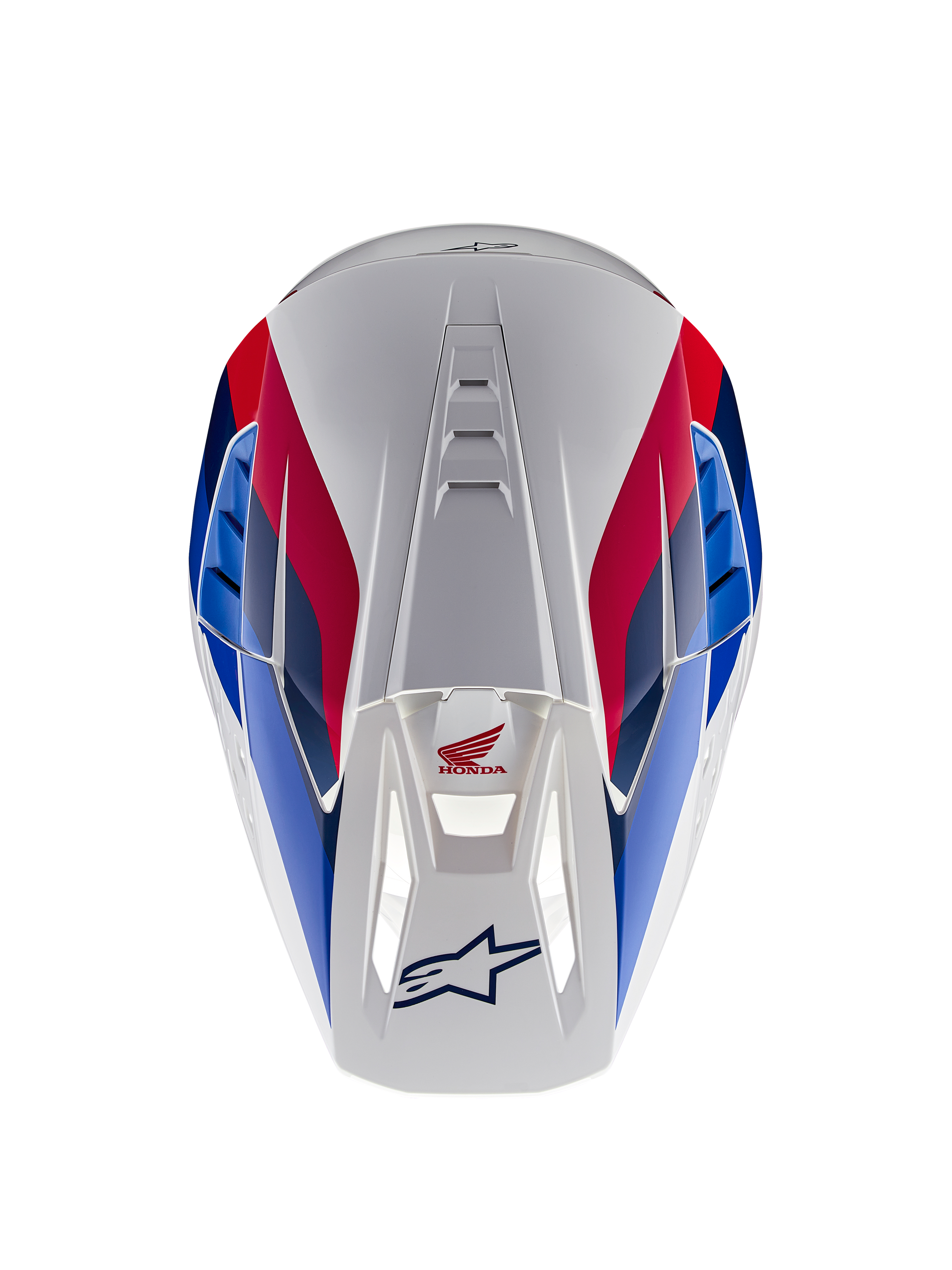 Casque Alpinestars Honda S-M5 ECE, casque de motocross, blanc, bleu et rouge brillant, vue de dessus mettant en évidence les canaux de ventilation, avec des graphismes rouges et bleus et les logos Honda et Alpinestars