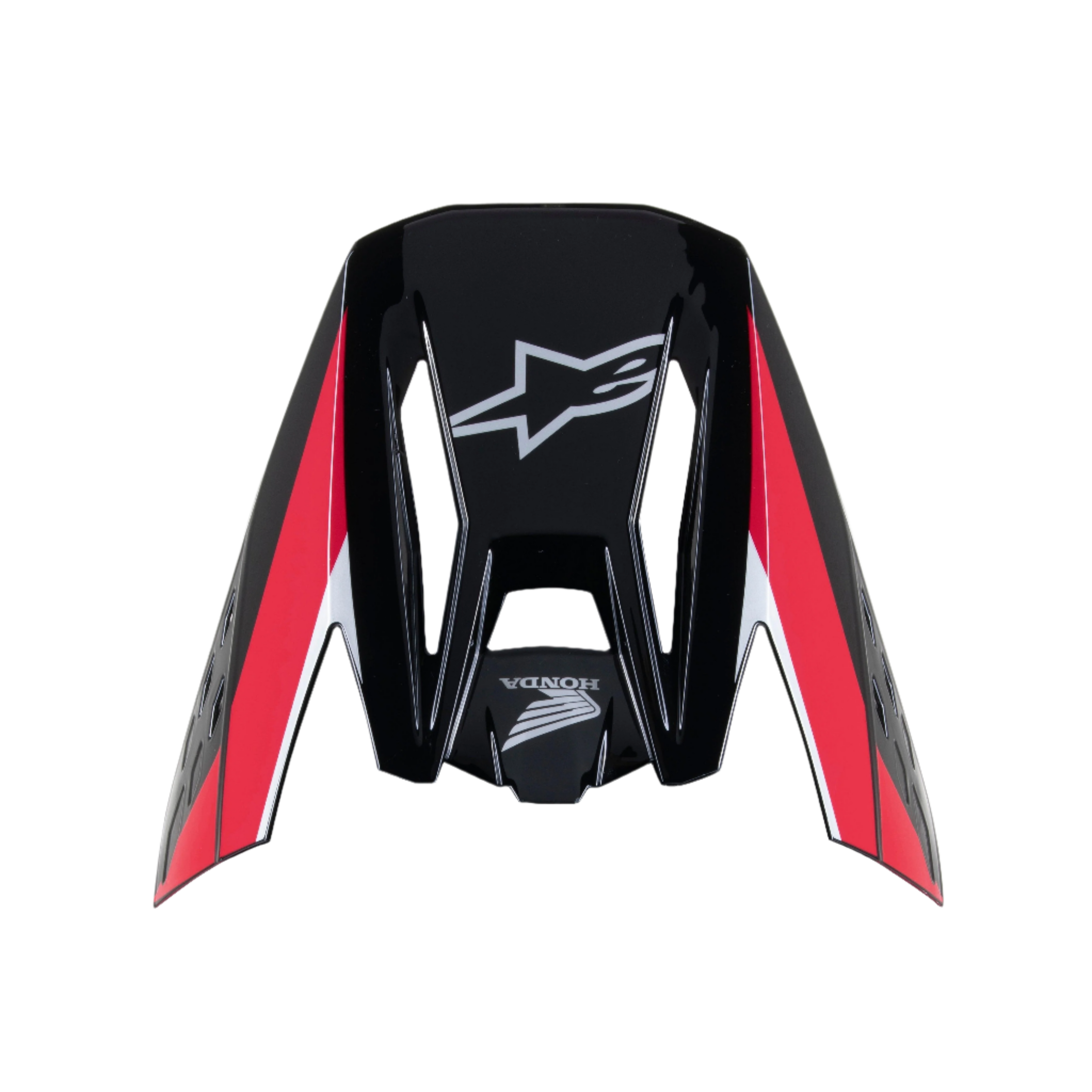 Visière Alpinestars Honda S-M5, Noir Rouge Brillant, visière de rechange pour casque de motocross, avec logos Alpinestars et Honda blancs, bandes graphiques rouges et blanches, finition brillante pour la pratique du tout-terrain