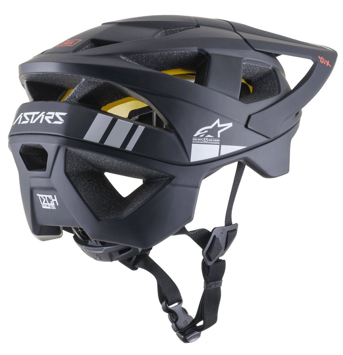 Alpinestars Vector Tech A1 MTB Helmet, Mountain Bike Helmet, Black Matt with light gray accents, side-rear profile showing ventilation openings, white Alpinestars star logo, ASTARS branding, and visible yellow MIPS liner, featuring an adjustable black chin strap.