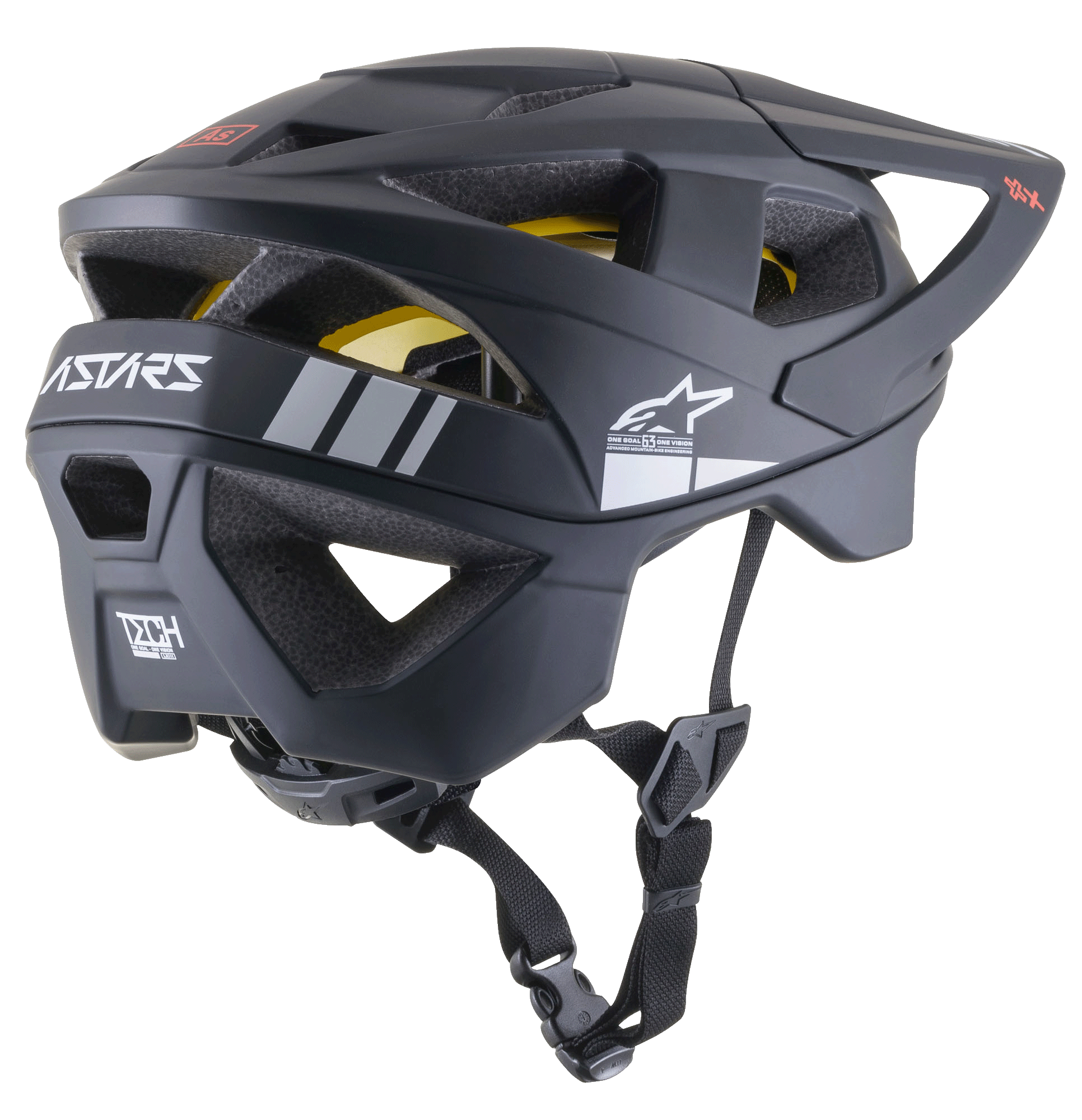 Alpinestars Vector Tech A1 MTB Helmet, Mountain Bike Helmet, Black Matt with light gray accents, side-rear profile showing ventilation openings, white Alpinestars star logo, ASTARS branding, and visible yellow MIPS liner, featuring an adjustable black chin strap.