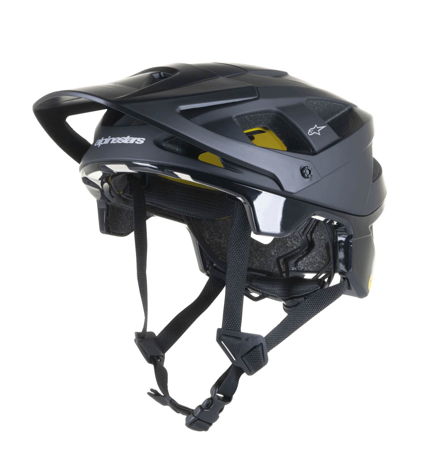 Casque Alpinestars Vector Tech Solid, casque de VTT noir, finitions mates et brillantes avec 19 aérations, rembourrage intérieur Mips jaune, visière et sangles réglables, protection légère pour le Trail et l'All-Mountain