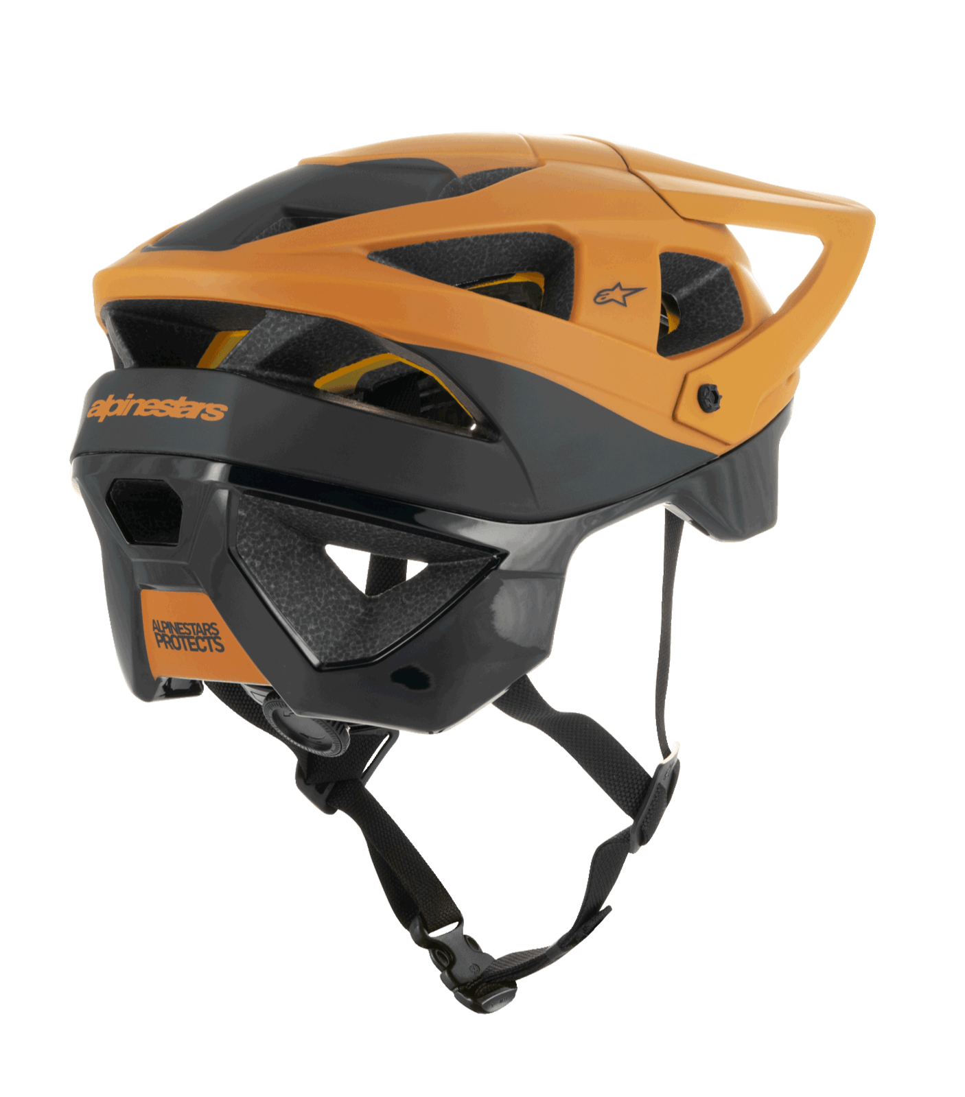 Alpinestars Vector Tech Zeal Helmet, MTB Helmet, Black and Dark Gold, rear-side view showing multiple ventilation ports, adjustable visor, and secure black chin strap, protective mountain bike gear with Alpinestars branding