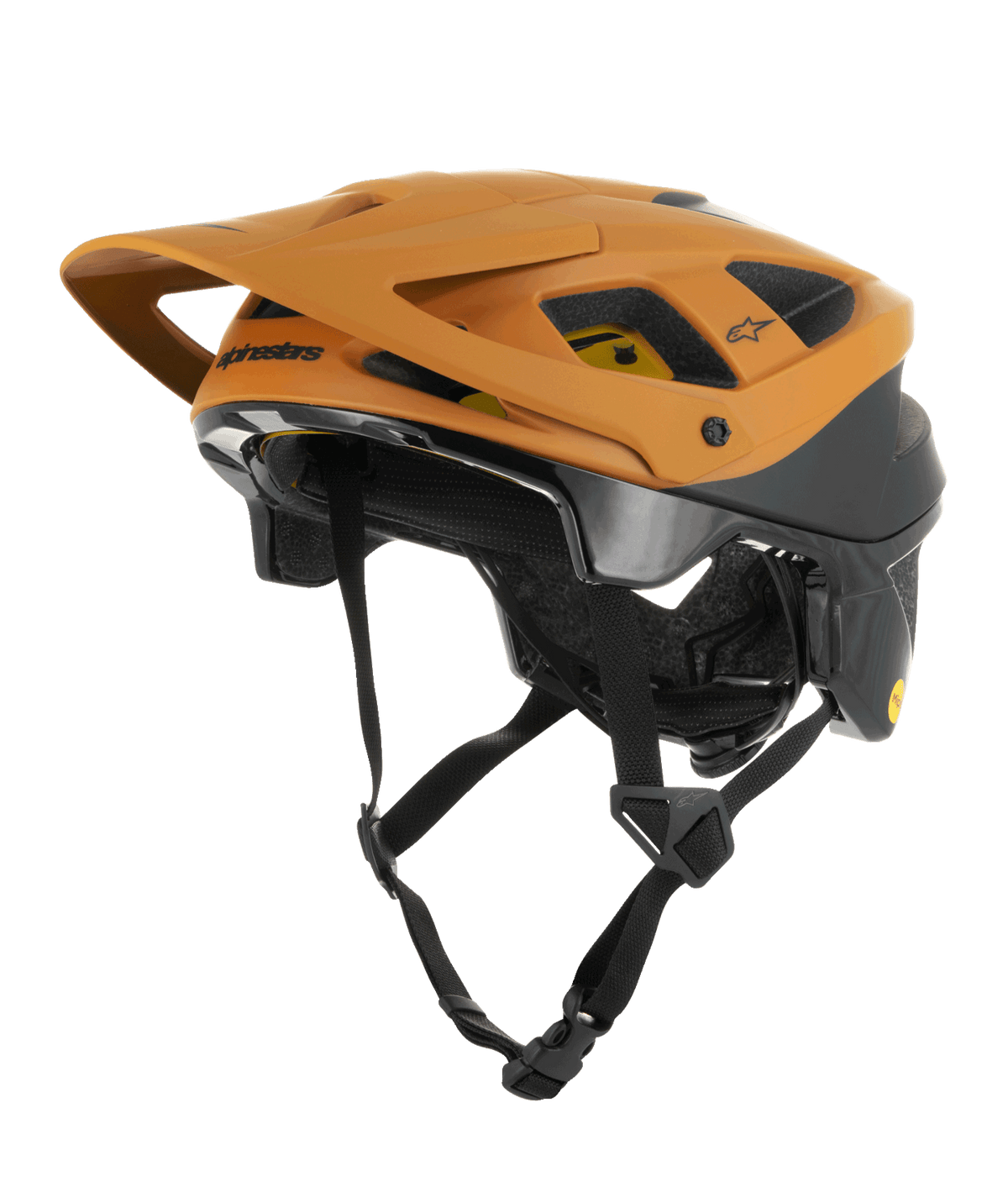 Casque Alpinestars Vector Tech Zeal, casque de VTT, orange et noir avec logo Mips jaune, doté d'une grande visière avant, de multiples ports de ventilation et d'une sangle de menton réglable, conçu pour la protection en tout-terrain