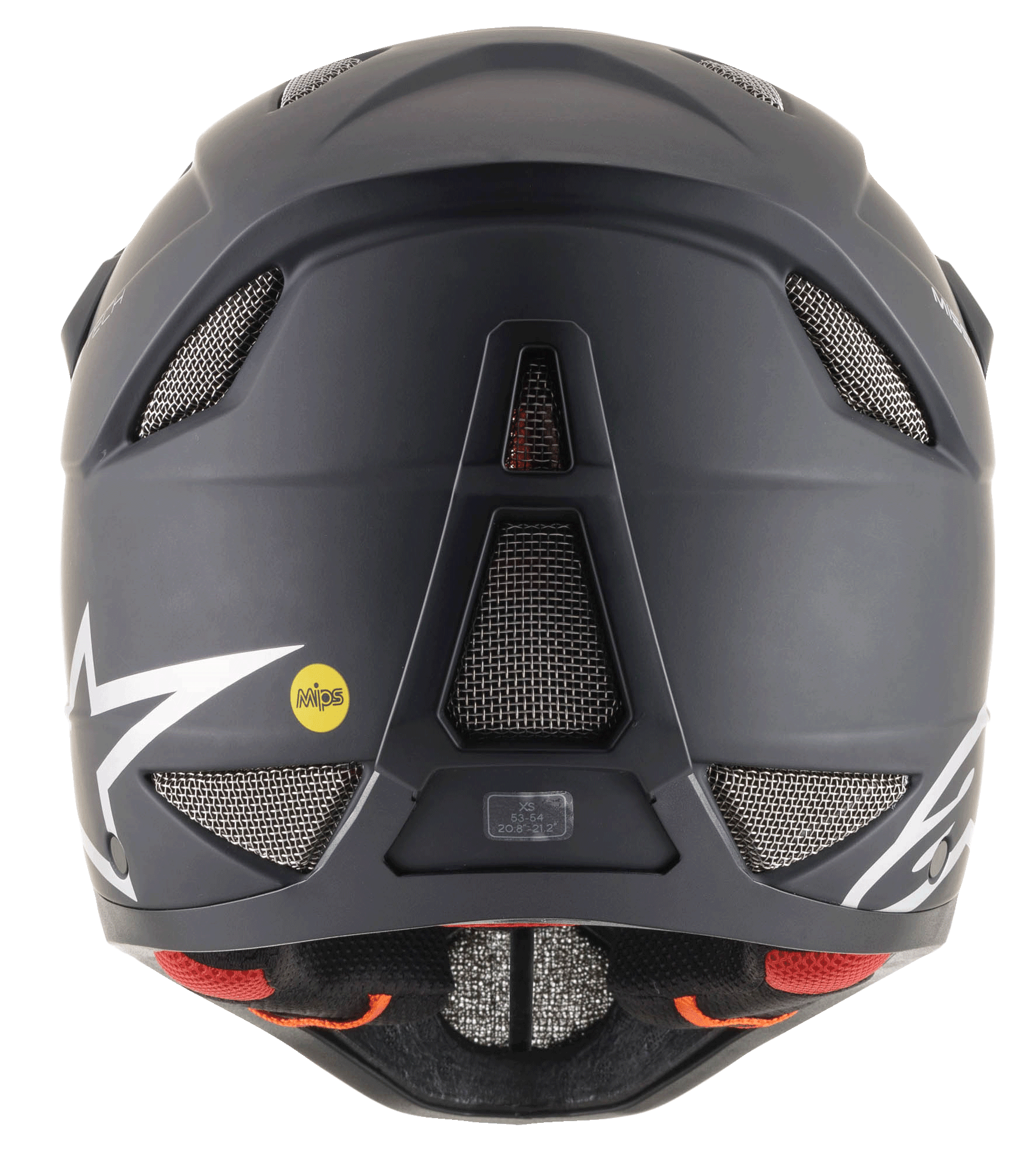 Alpinestars Missile Tech Solid Helmet in Matte Black, rear view showing mesh vents and MIPS safety logo for downhill MTB.
