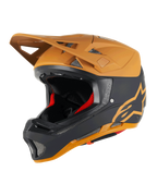 Alpinestars Missile Tech Racer Helmet, Full-Face MTB Helmet, Black and Dark Gold Matt, matte finish with gold star logo, red interior padding, silver mesh vents for airflow, angular visor, downhill mountain bike protection gear